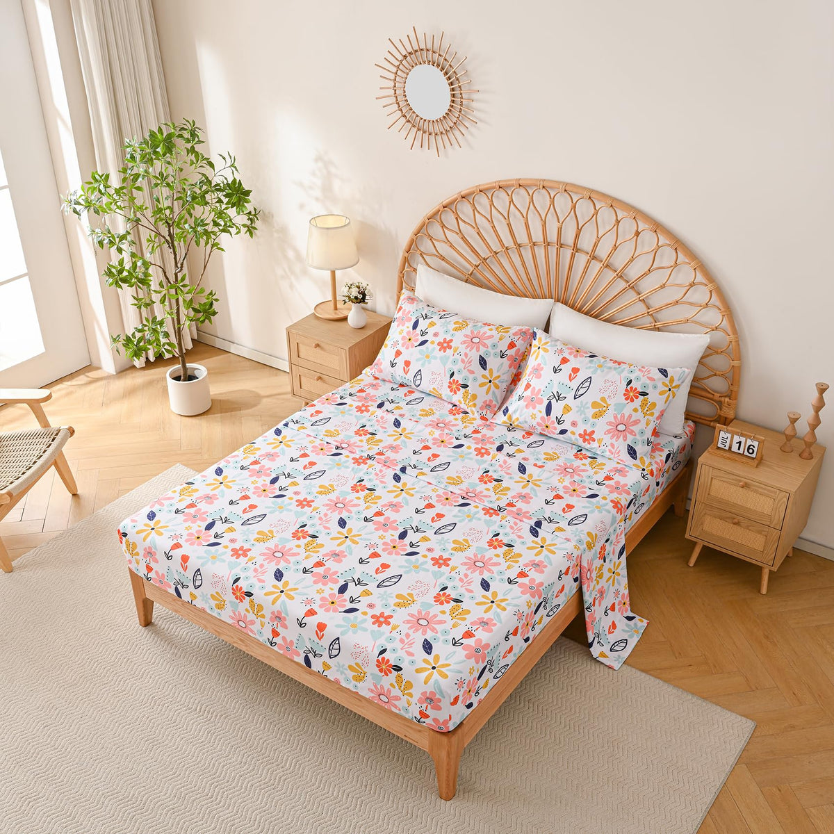 Yibeizi Floral Sheet Set for Girls, Full Size Kids Cute Flower Patterned Bedsheet Microfiber Deep Pocket Bedding Sheets & Pillowcases 4 Pieces