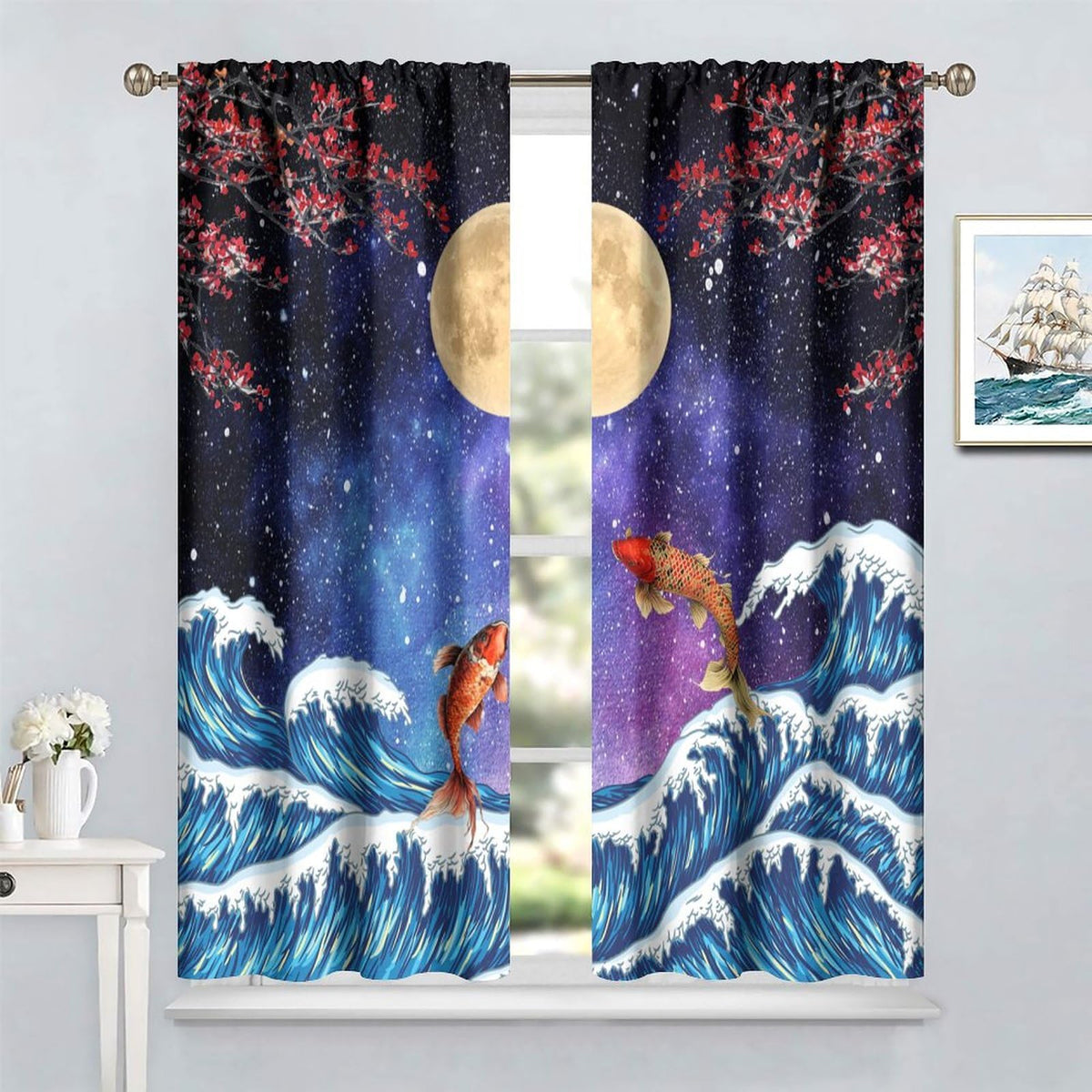 Koi Asian Oriental Cherry Blossom Moon Sea Wave Pattern Curtains for Bedroom Living Room Kitchen - Blackout Privacy Noise Reduction - 42x45 Inches 2 Panels