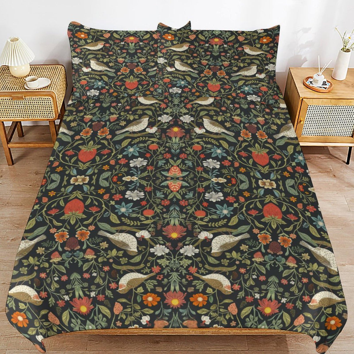AAVEUP William Morris Comforter Set Bedding Bed 3 Piece Set,Vintage Rustic Antique Art Nature Green Plant Flower Leaf Bird Printed Cover All Season Bed Sheet Bedspread 2 Pillowcases 79x90 in