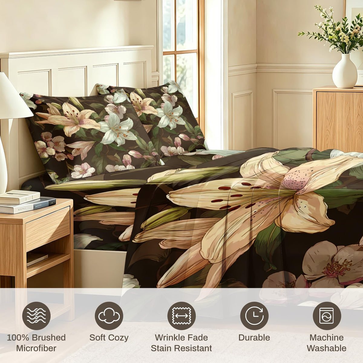 Lily Floral Sheet Set, 4 Pcs King Size Botanical Bed Sheets
