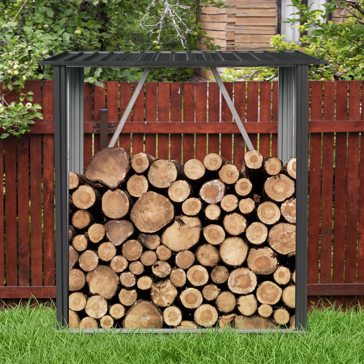 Ball & Cast 3X5 FT Outdoor Steel Firewood Rack Metal Storage Shed with Middle Stiffener and Reinforced Base,Multi-Functional Waterproof Cabinet W/Roof,for Equipment Machines,Black