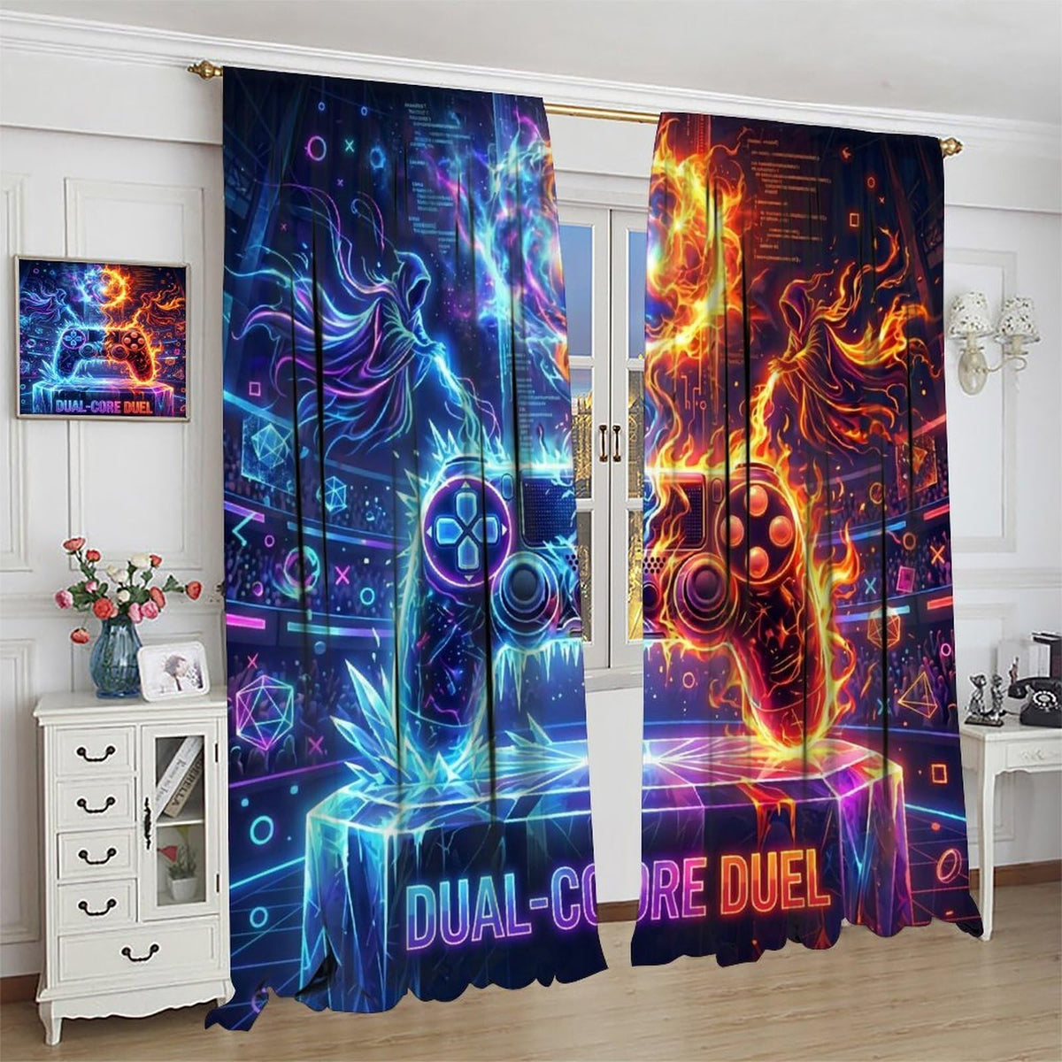 VUMIVI Gaming Curtains Cool Ice Fire Game Controller Cyberpunk Neon Dual-Core Duel Rod Pocket Window Treatments for Boys Bedroom Gamer Room Apartment Dorms Cafe 42" W X 44.5" L