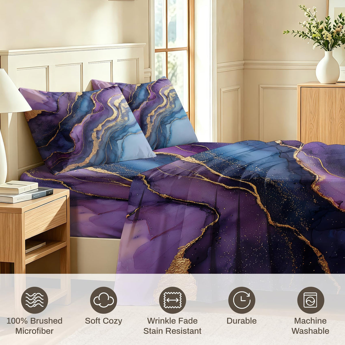 Purple Marble Full Sheet Set Abstract Flat Fitted Sheet Sets, Gold Purple