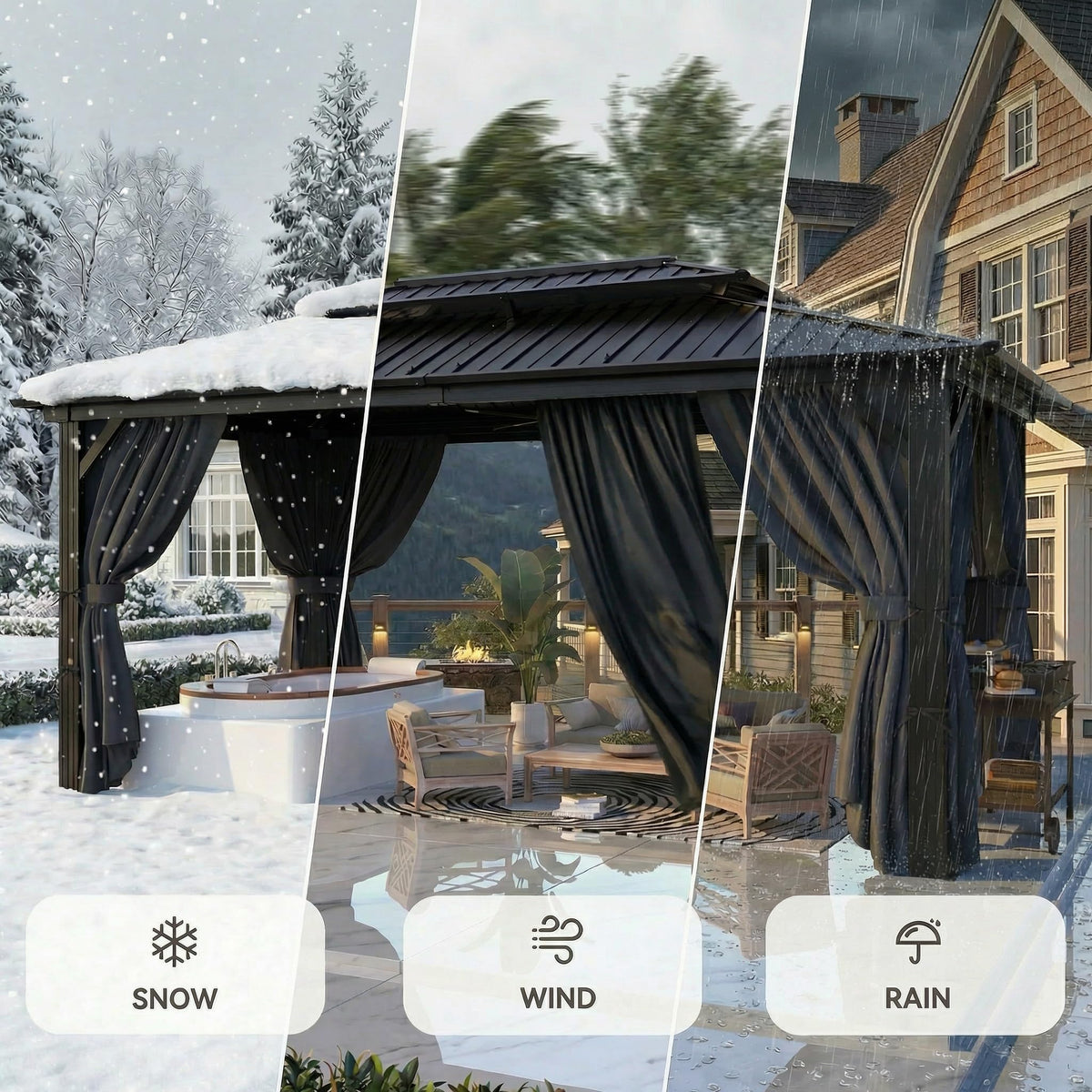 HOTEEL 10x15 Hardtop Gazebo with Flame-Retardant Curtain & Netting, Hot Tub Gazebo with Galvanized Steel Double Roof, Heavy Duty Permanent Pavilion Outdoor for Patio, Frame Thickened, Black(Upgraded)