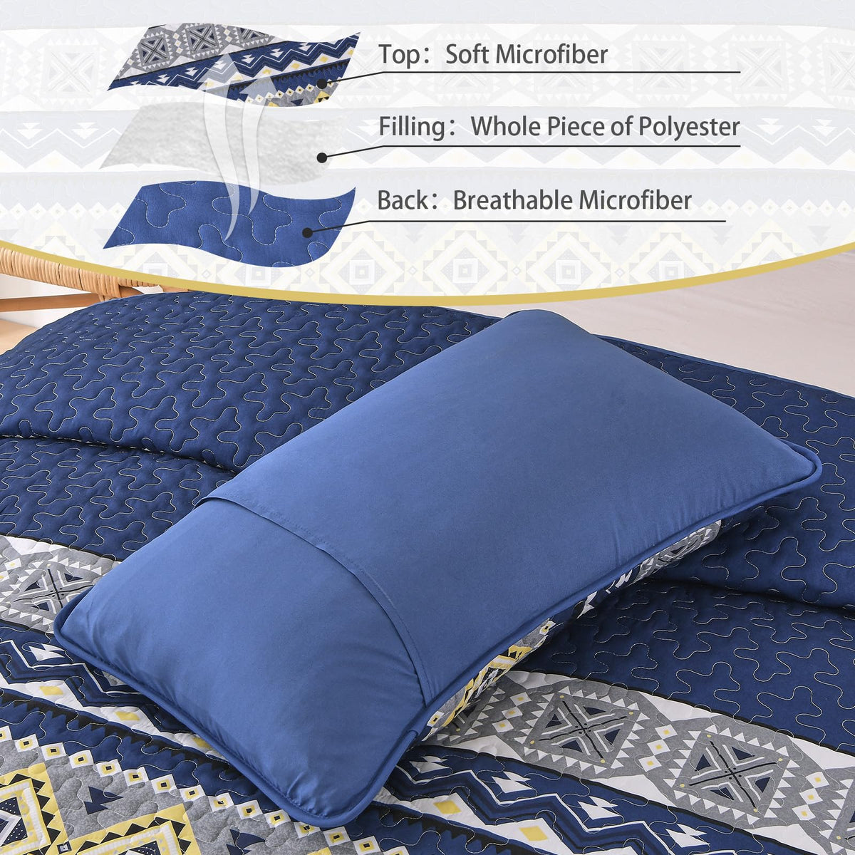 WONGS BEDDING 3 Pieces Quilt Set Queen Size, Navy Blue Quilt Bedspread Lightweight Bohemian Coverlet Set with 2 Pillowcase, Soft Geometry Printed Bedding Set Queen for All Season 96"×90"
