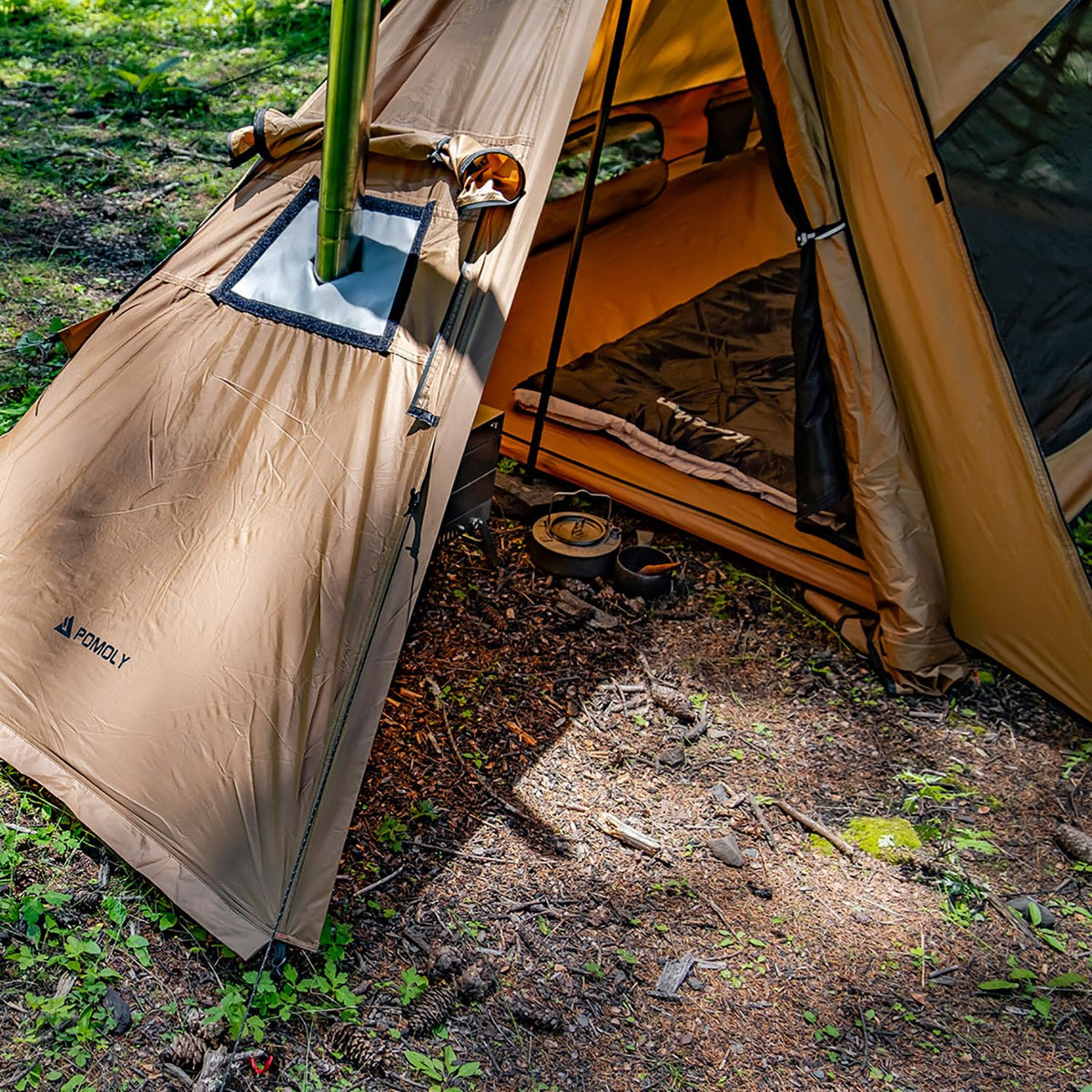 POMOLY Camping Hot Tent Bushcraft Tents, STOVEHUT 70 3.0 Shelter with 2 Tarp Poles and 2 Tent Poles for 1-2 Person Hiking, Backpacking (with a Fireproof Ground Sheet)