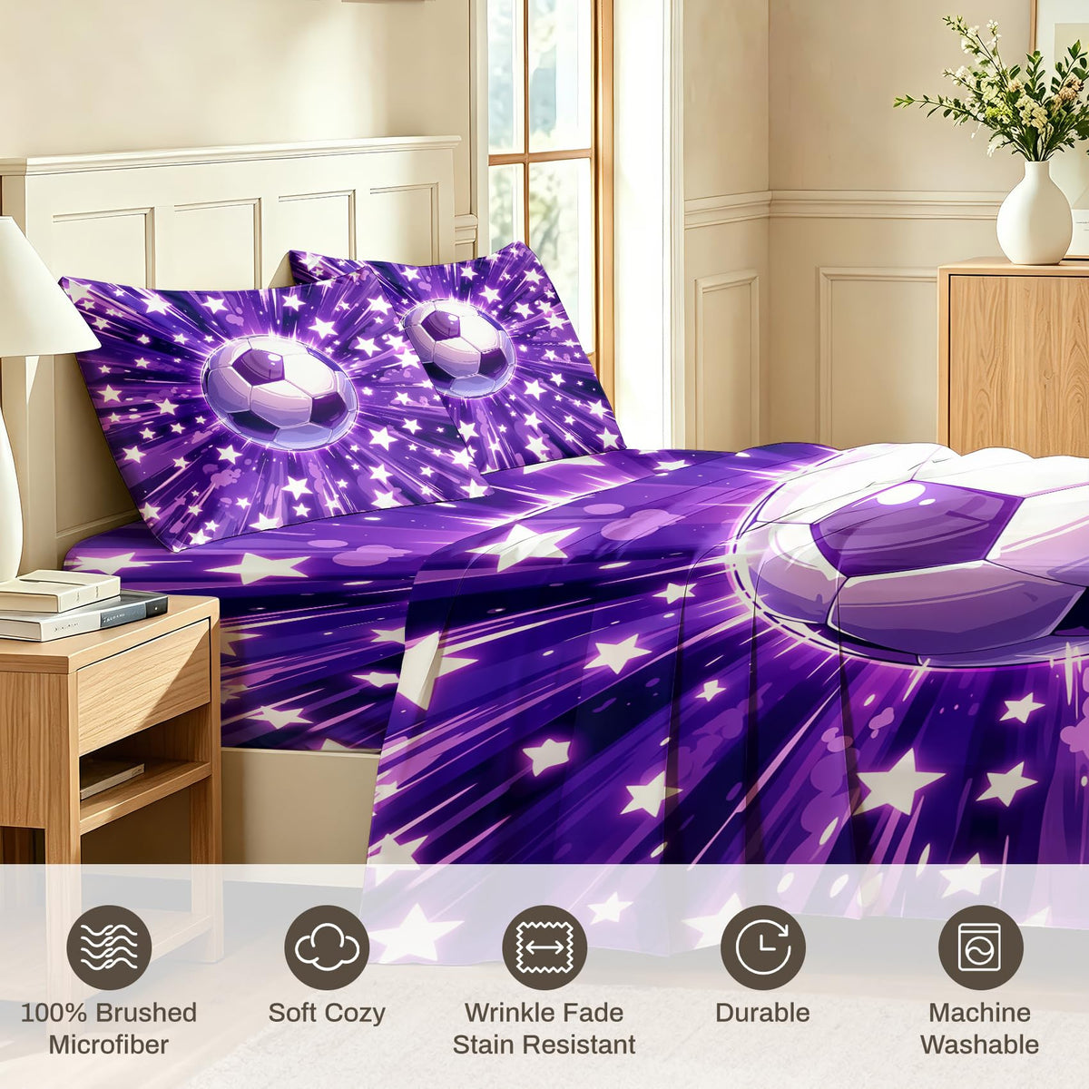 Soccer Ball Sheet Set, 4 Pcs Queen Size Boys Stars Bed Sheets, Purple