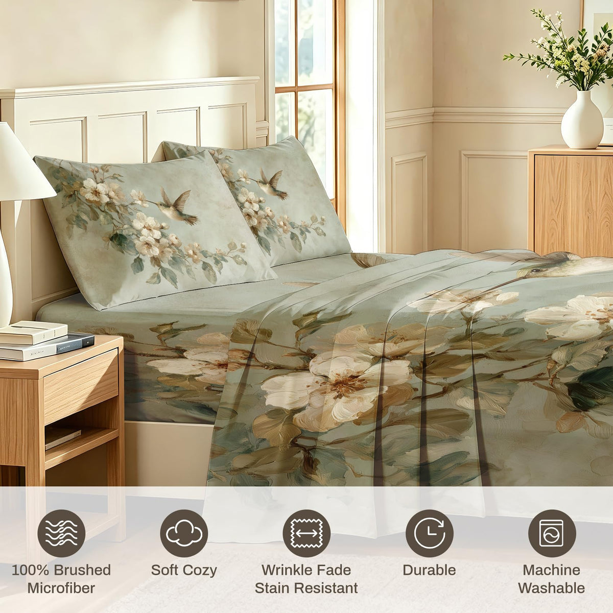 Bird and Flower Bedding Set 4 Pcs Hummingbird Queen Sheets