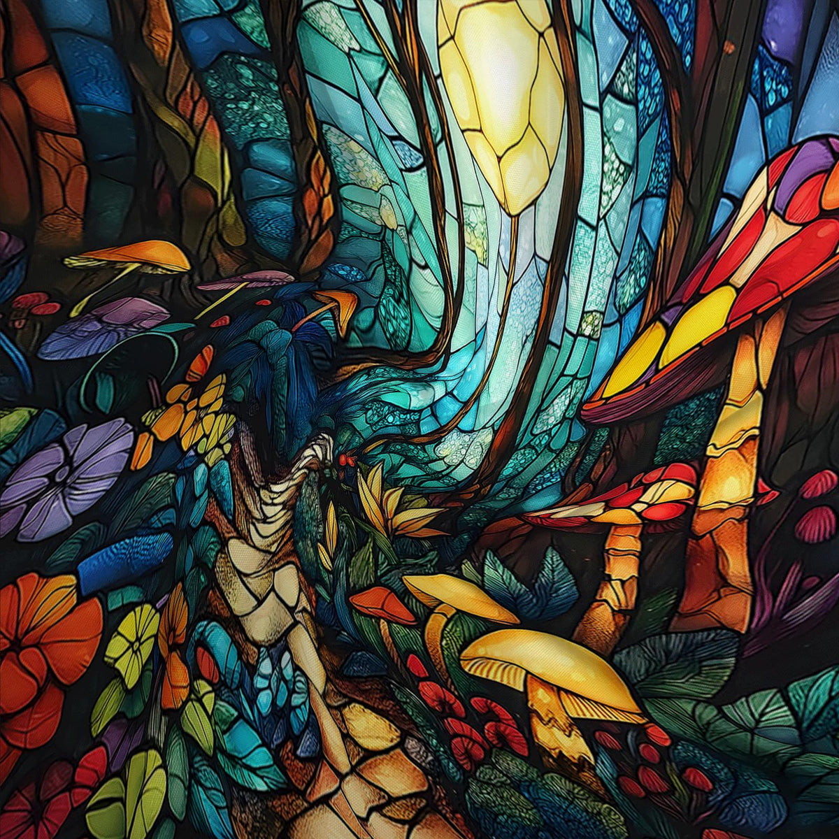 Fantasy Forest Shower Curtain Stained Glass Fairy Garden Mushroom Full Moon Wonderland Wood Tale Tree Magical Spring Floral Bath Curtain Fabric Bathroom Accessories Decor with Hooks (70.00"LX70.00"W)