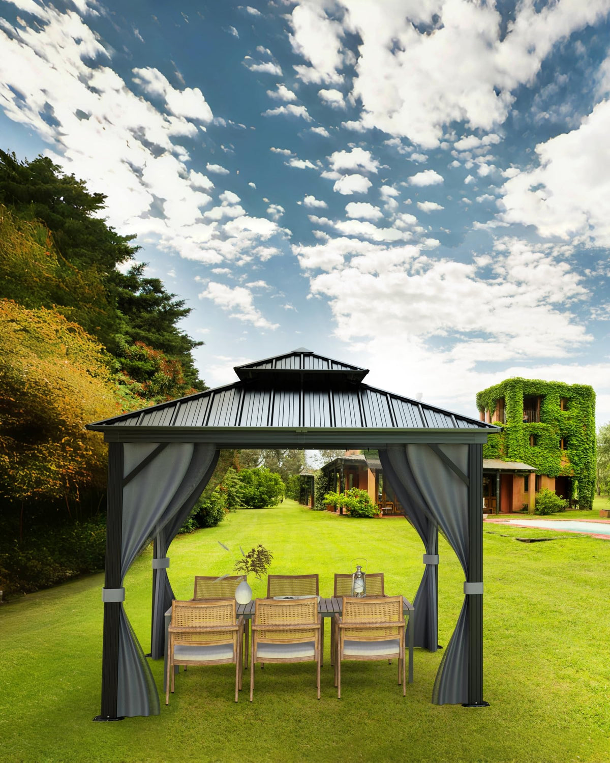 GarveeLife Outdoor Gazebo 12x12 Hardtop, Aluminum Frame Permanent Pavilion with Double Roof, Mosquito Netting & Privacy Curtains for Patio, Garden, Deck, Lawn and Backyard Parties