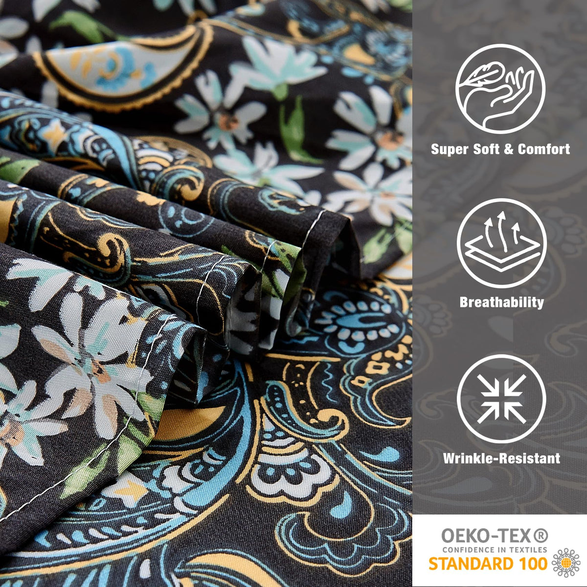 JSD Black Paisley Floral Printed Sheet Set King Size, 4 Piece Soft Pattern Microfiber Sheets Extra Deep Pocket