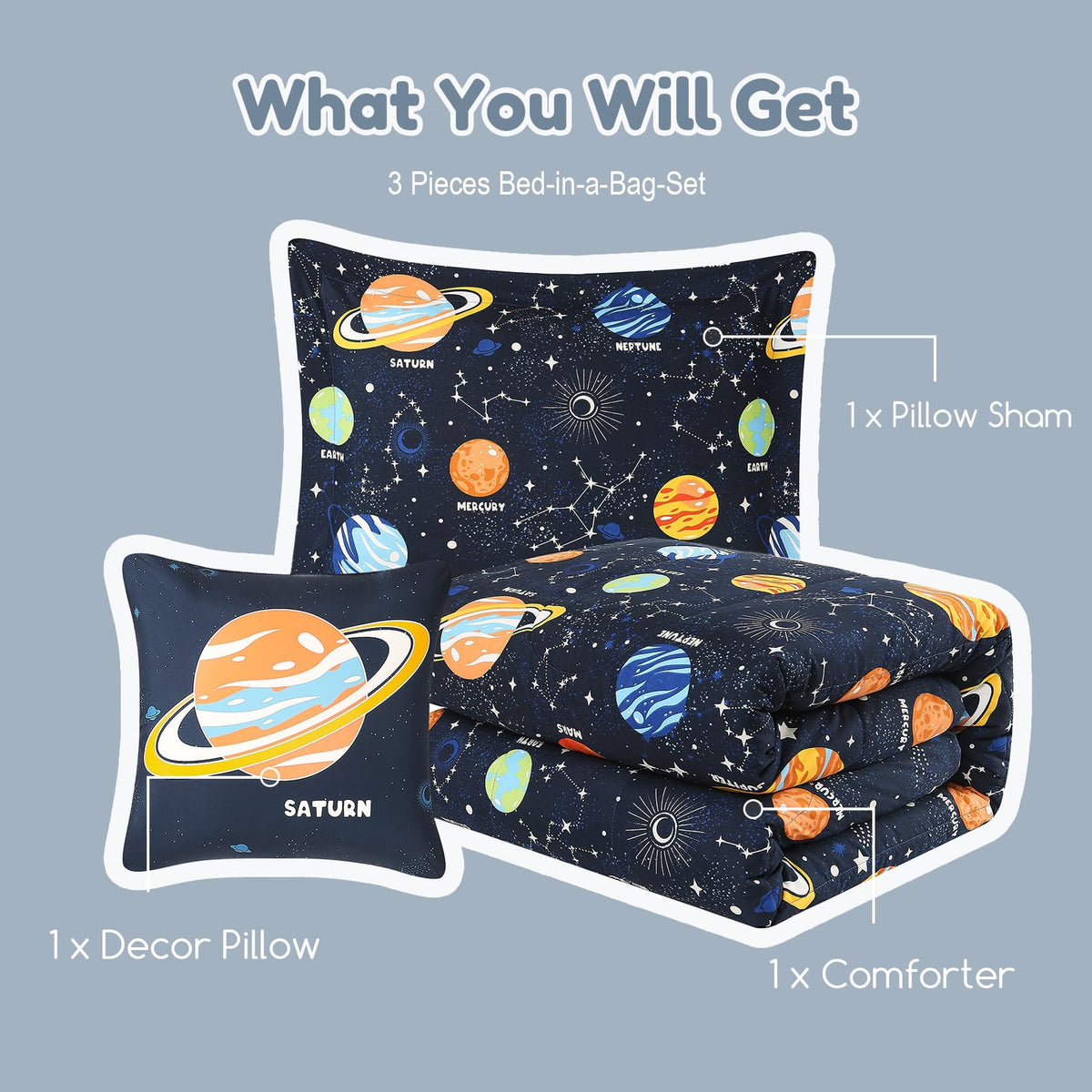 Wink Deer Twin Comforter Set for Boys-3 Pieces Space Glow in the Dark Twin Bedding Sets for Kids,1 Comforter,1 Sham and 1 Decor Pillow