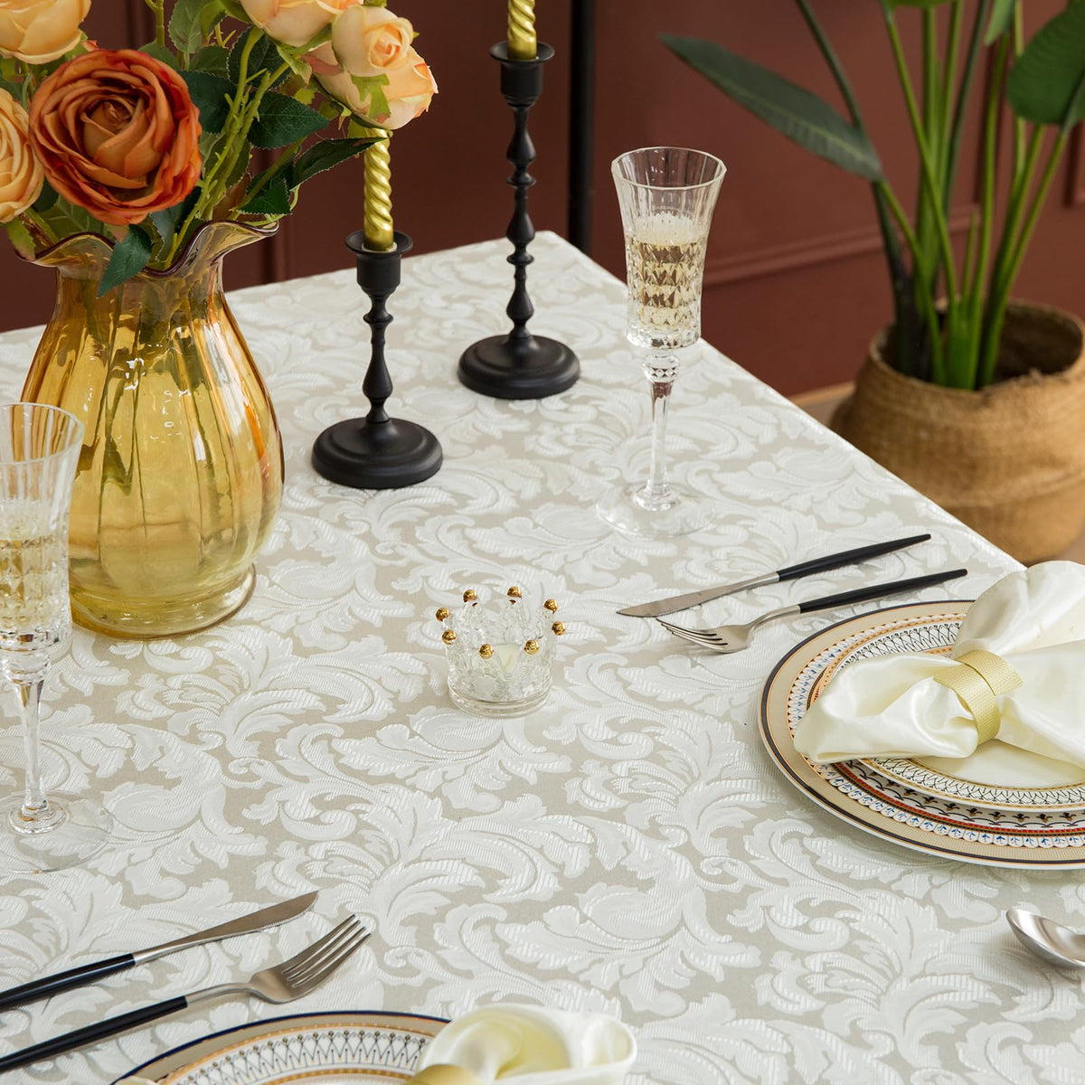 GLORY SEASON Emboss Style Textured Tablecloth Waterproof Solid Bordered Retro Tablecloths Classic Luxurious Washable Rectangle/Oblong Table Cloth,Kitchen Dinning Decor 60x120 Inch
