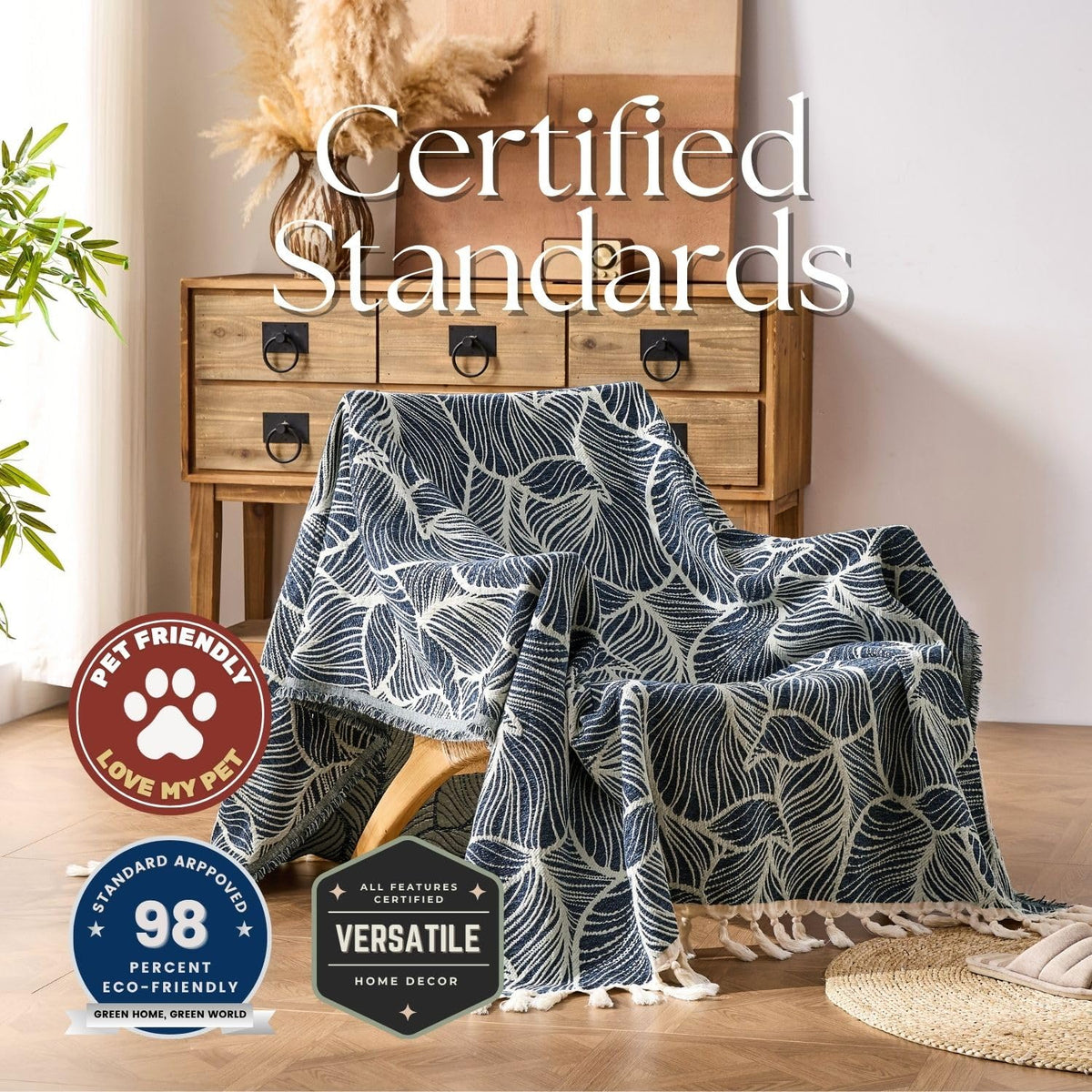 DOWN HOME Chenille Cotton Throw Blanket for Couch, Lightweight Boho Blanket for Bed Sofa Chair Living Room Outdoor Soft Woven Decorative Blanket with Tassel Gift Navy Leaves 55"x60"
