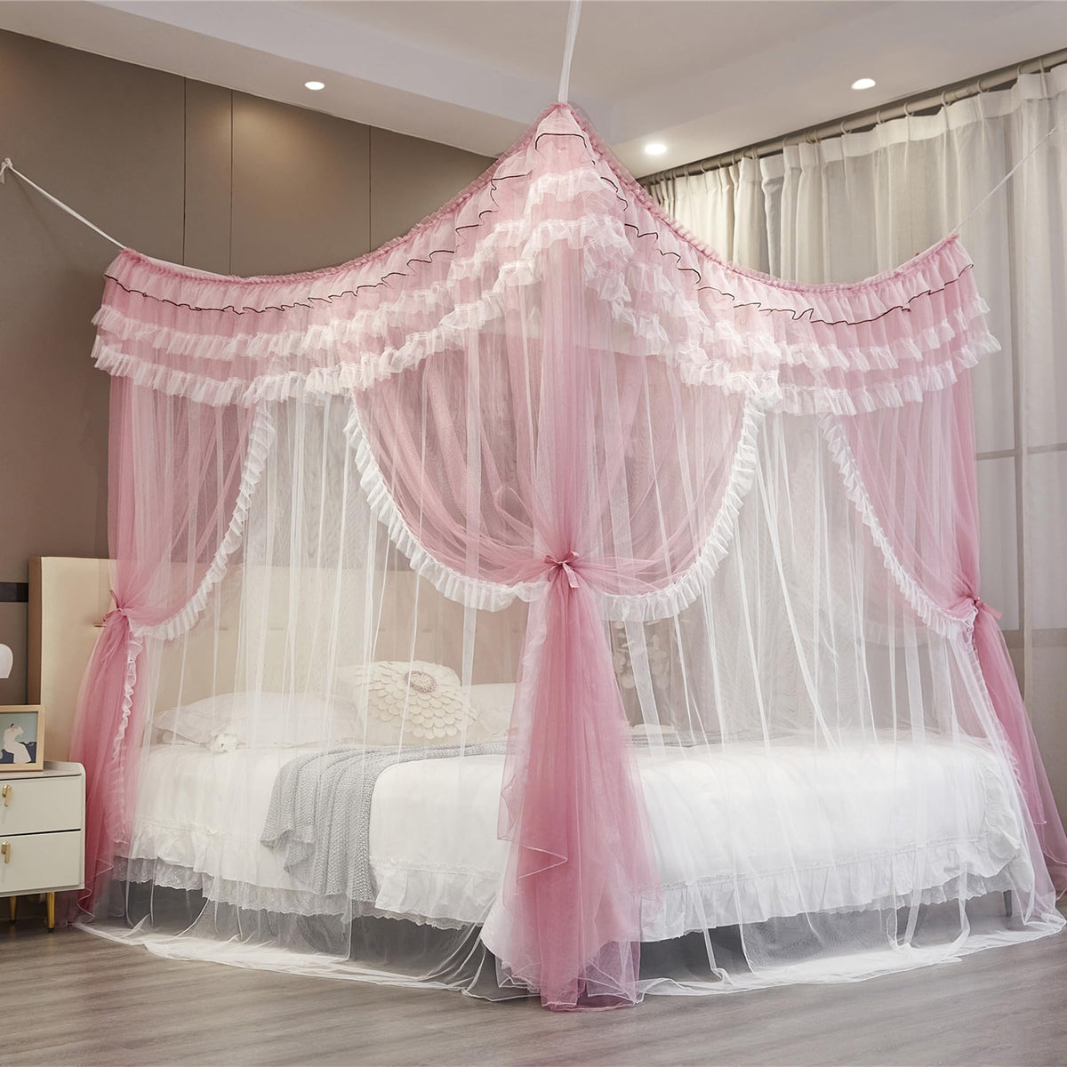 NXGIO Bed Canopy Curtain Double Layer 4 Corners Post Lace Up Ruffle Princess Drape Netting 4 Opening Mosquito Net for Girls Bedroom Decoration (Pink/White, 53" W*78" L*82" H/Full)