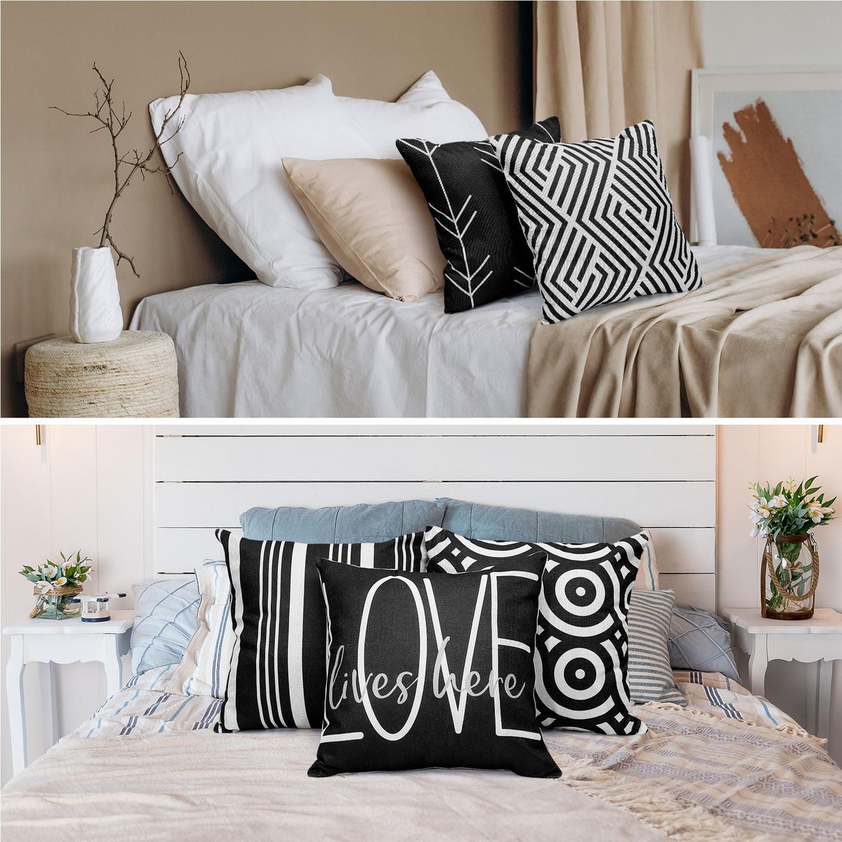Flutesan 12 Pcs Decorative Throw Pillow Cover 18 x 18 Inch Modern Sofa Pillow case Geometric Floral Linen Square Cushion Covers for Home Living Room Bedroom Couch Chair(Black)