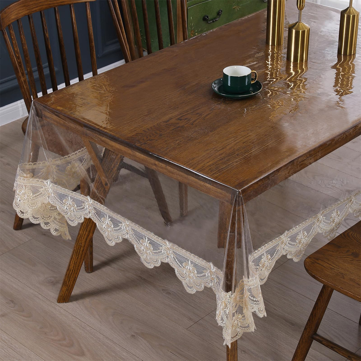 Rakila Clear Plastic Rectangle Tablecloth Vinyl Waterproof Table Cloth Embroidered Lace Edge Transparent Table Cover for Dining Kitchen Outdoor(60 x 86 inch, Coffee Style 2)