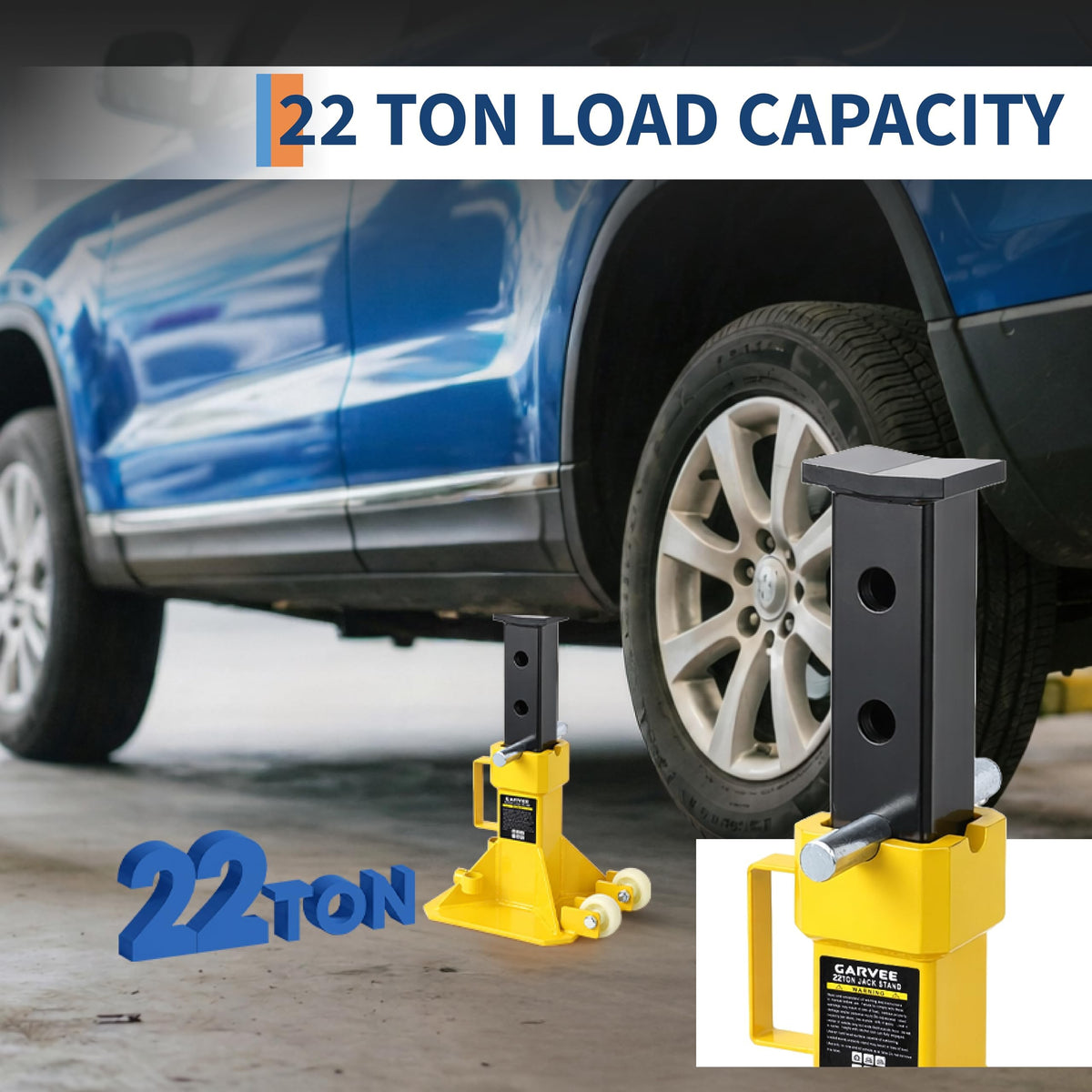 Heavy-Duty 22 Ton Steel Jack Auto Stand, Pin Type Jack Stands with Wheels, 13.8-19.7" Adjustable Height, Support for Trucks, Trailers, and Equipment, Professional Car Jack Stand with Loc,Yellow