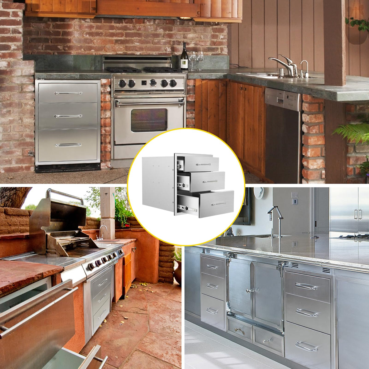 SGOLAN Outdoor Kitchen Drawers 18" W x 21" H x 23" D Flush Mount Triple BBQ Drawers with Chrome Handle Stainless Steel Drawer for Outdoor Kitchen Island, Patio Grill Station
