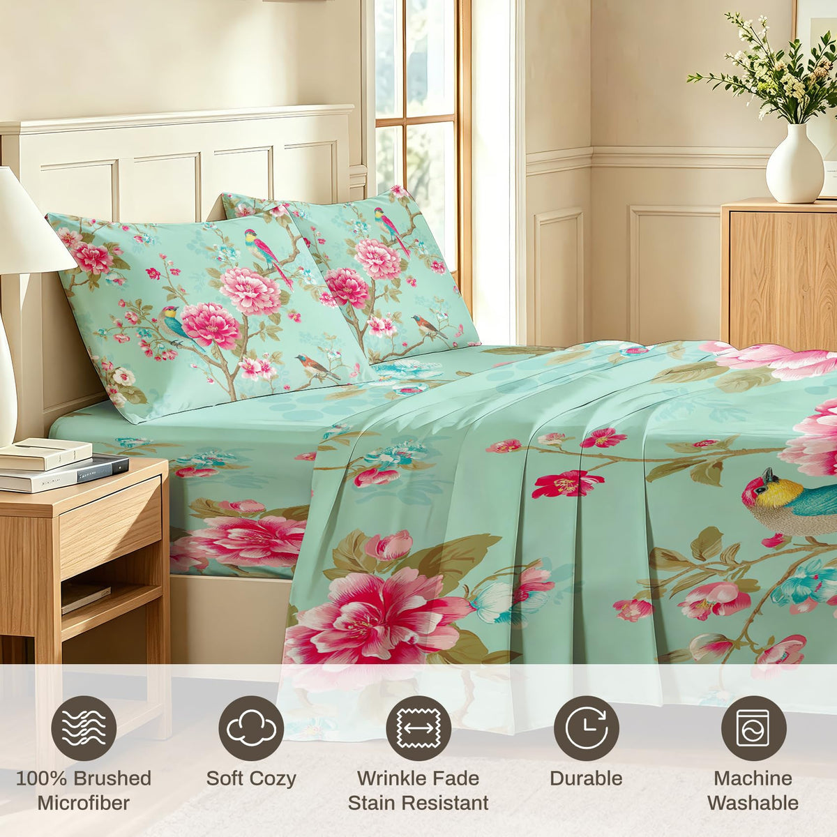 Bird and Peony Bedding Set 4 Pcs Chinoiserie King Sheets