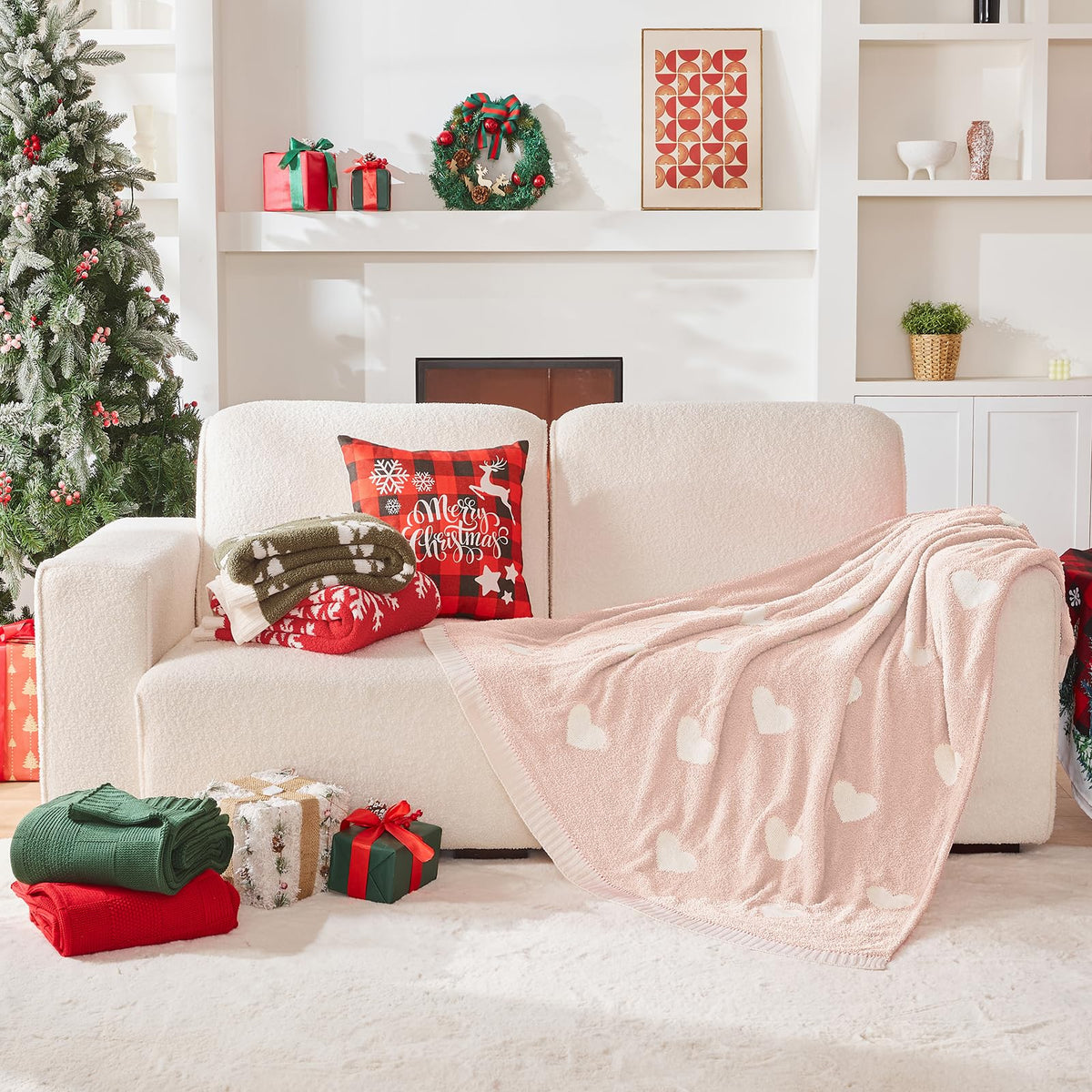 Douceur Love Heart Throw Blanket, Ultra Soft Pink Fluffy Valentine’s Day Blanket, Reversible Cozy Decorative Blanket for Bed Couch Sofa, Super Soft Indoor Living Room Plush Throws, 60"X80"