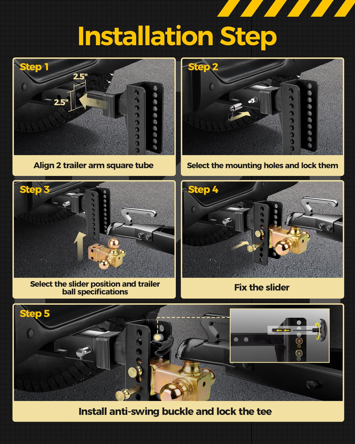 Adjustable Trailer Hitch -Drop Hitch-Tow Hitch with 2 inch Receiver-6inch Drop/Rise, (1-7/8" & 2" & 2-5/16" Ball Hitches for Trucks, 20,000 LBS GTW, Trailer Hitches with Anti-Theft Pin, Black