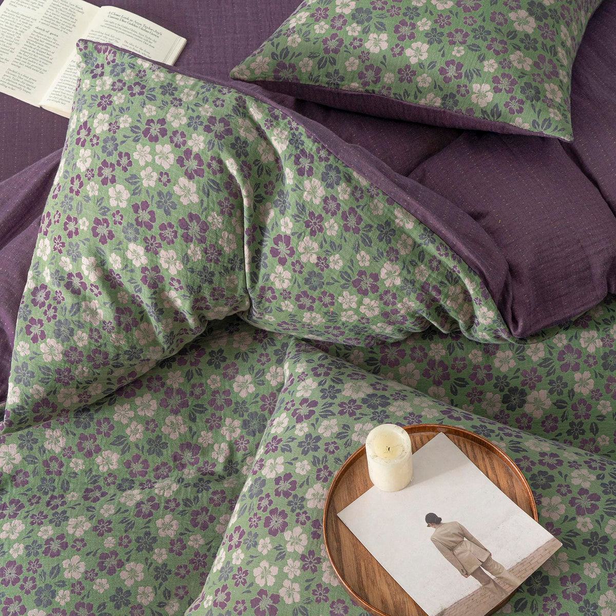 VM VOUGEMARKET Green & Purple Floral Jacquard Duvet Cover Set Queen,Breathable Double Layer Gauze Farmhouse Style Bedding Set for Home