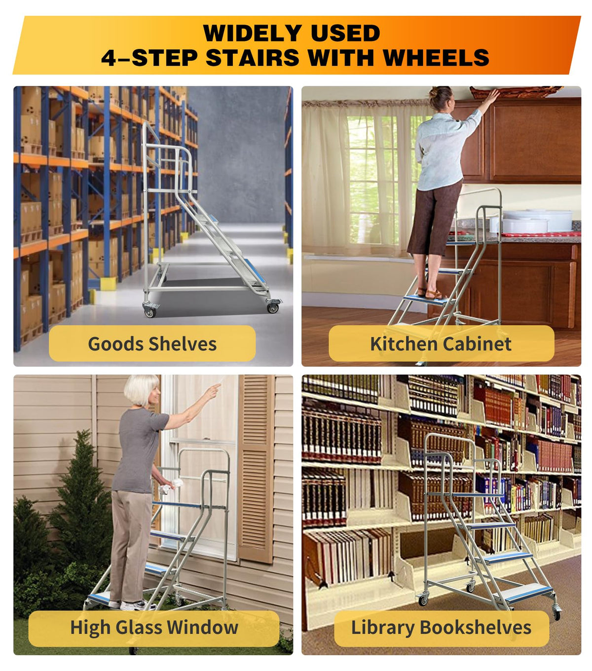 4 Step Rolling Stairs with Wheels, Industrial & Warehouse 4-Step Stairs, Non-Slip Rolling Steps with Stair Edge Protector, Easy to Move Rolling Steps for Goods Shelves, 23.6"x59.1", 445LBs Capacity