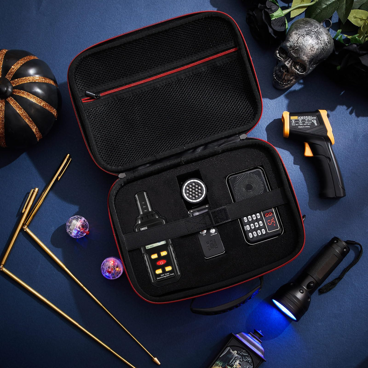 Dunzy 11 Pcs Ghost Hunting Equipment Kit Include Ghost Radio, Electromagnetic Paranormal Radiation Detector, EVP Recorder, UV Flashlight 2 LED Light up Cat Balls Etc(3 in 1 Emf Meter)