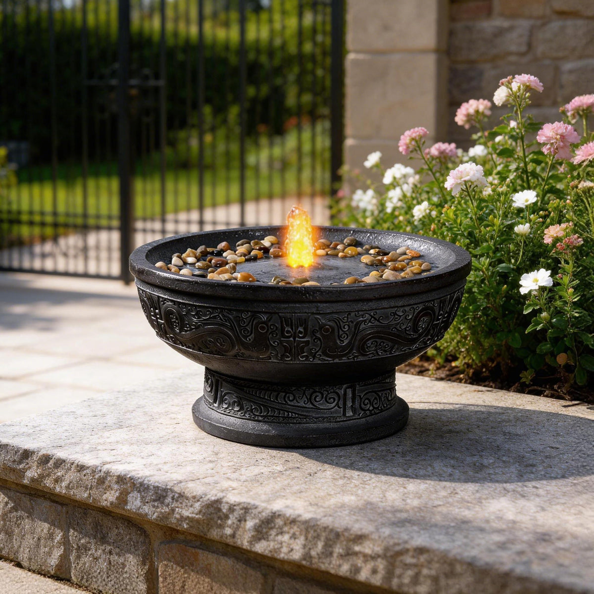 GOSSI Outdoor Water Fountain with Led Light Decorative Pedestal Bowl Design with River Stones Home Decoration, Modern Garden Fountain for Patio Decor