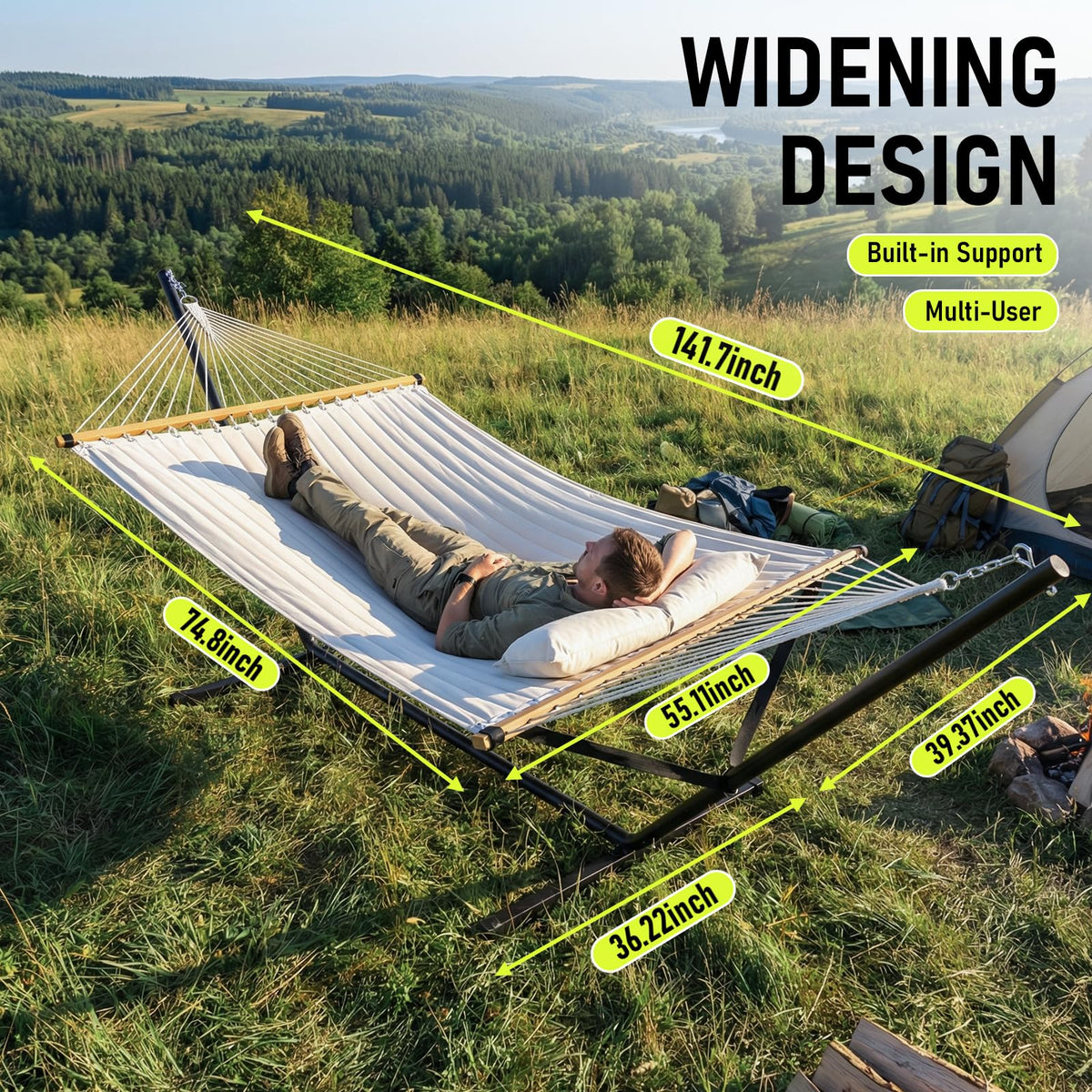 FULIYE Double Hammock with Stand for Outdoor,2 Person Heavy Duty Portable Hammock with Adjustable Steel Stand and Balance Ropes Included – for Patio, Backyard, Garden, Beach((Beige)
