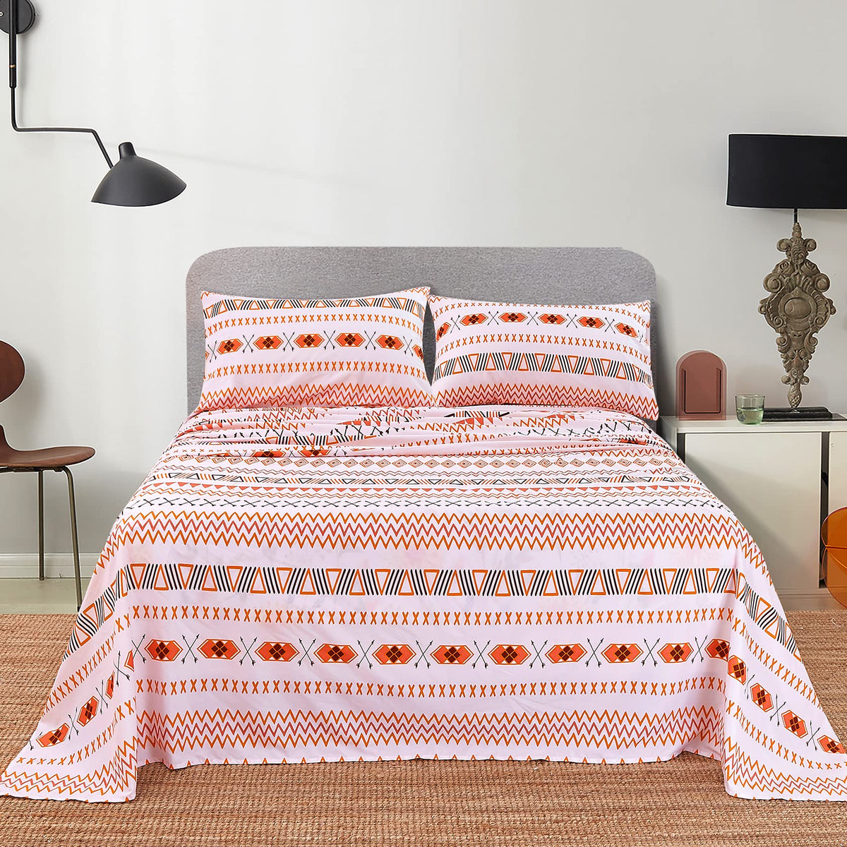 JSD Geometric Printed Sheet Set King, 4 Piece Soft Orange Pattern Microfiber Sheets Extra Deep Pocket