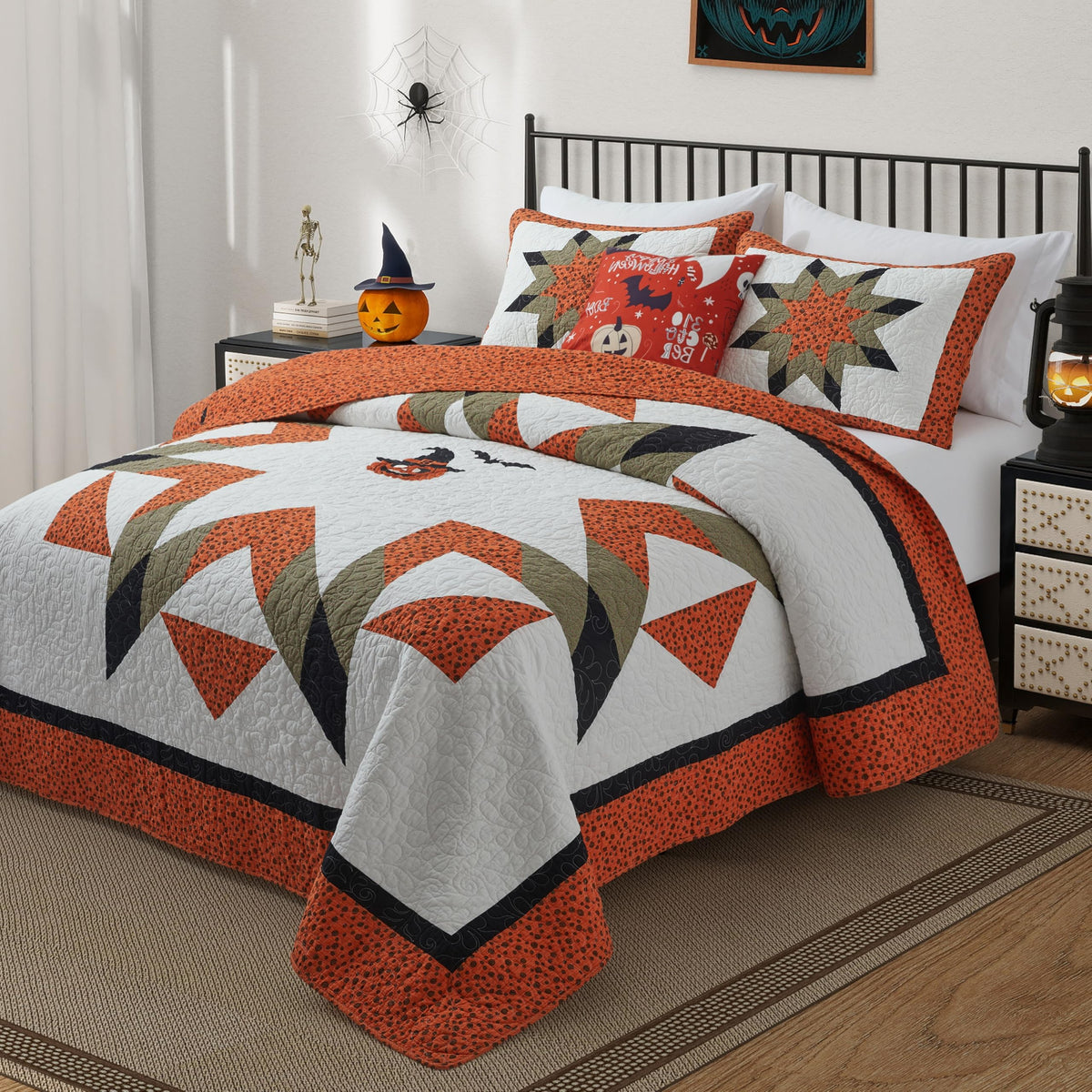 NELIFDER Halloween Quilt Queen Size Bedding Set 100% Cotton Embroidery Bats Pumpkin Festival Pattern Bedspread Real Patchwork Star 3 Peice Coverlet with 2 Pillow Shams 90"x90"