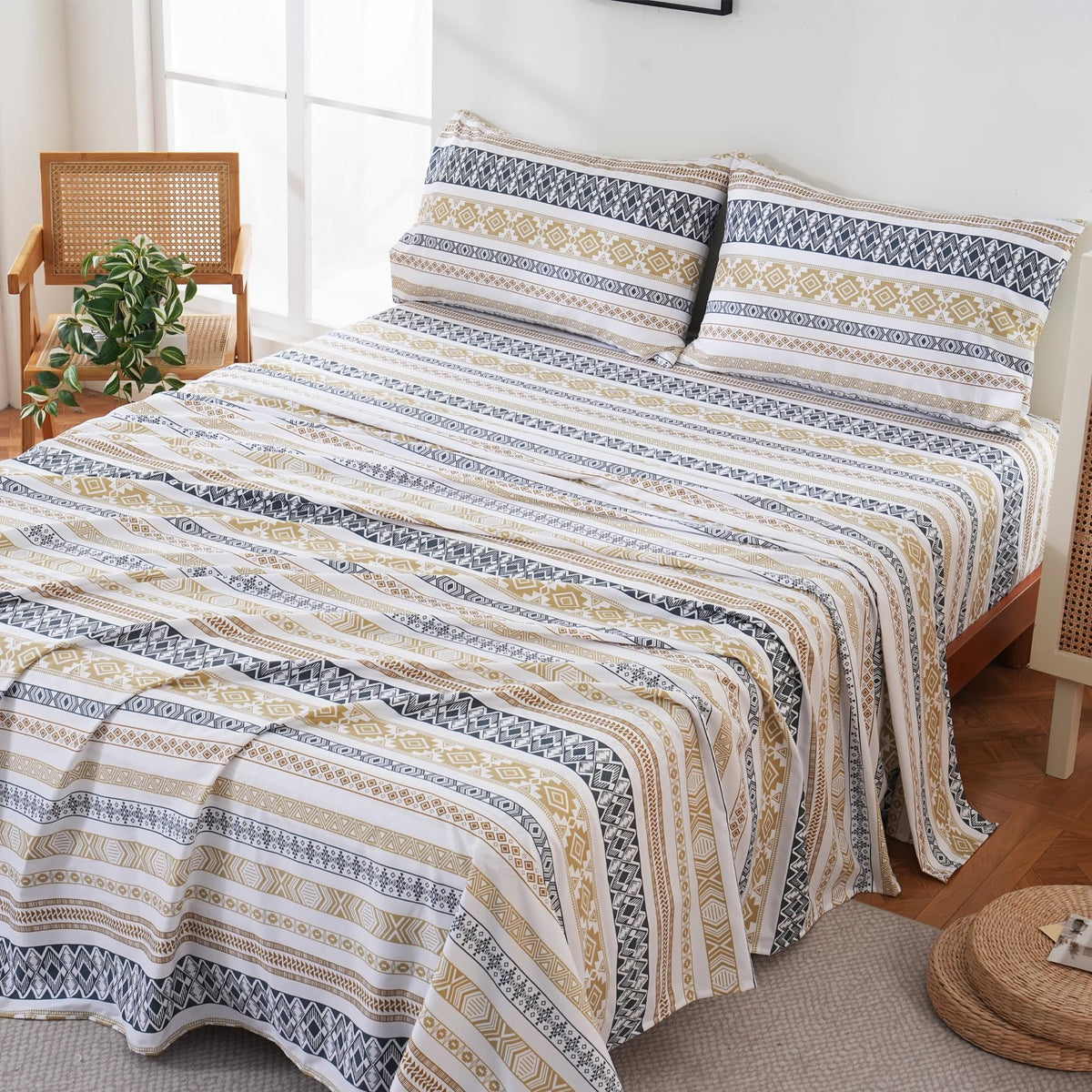 Yibeizi Striped Printed Sheet Set Queen, Boho Pattern Bed Sheets Farmhouse Bedding Sheets & Pillowcases Soft Microfiber 15" Extra Deep Pocket Fitted Bedsheet 4 Piece