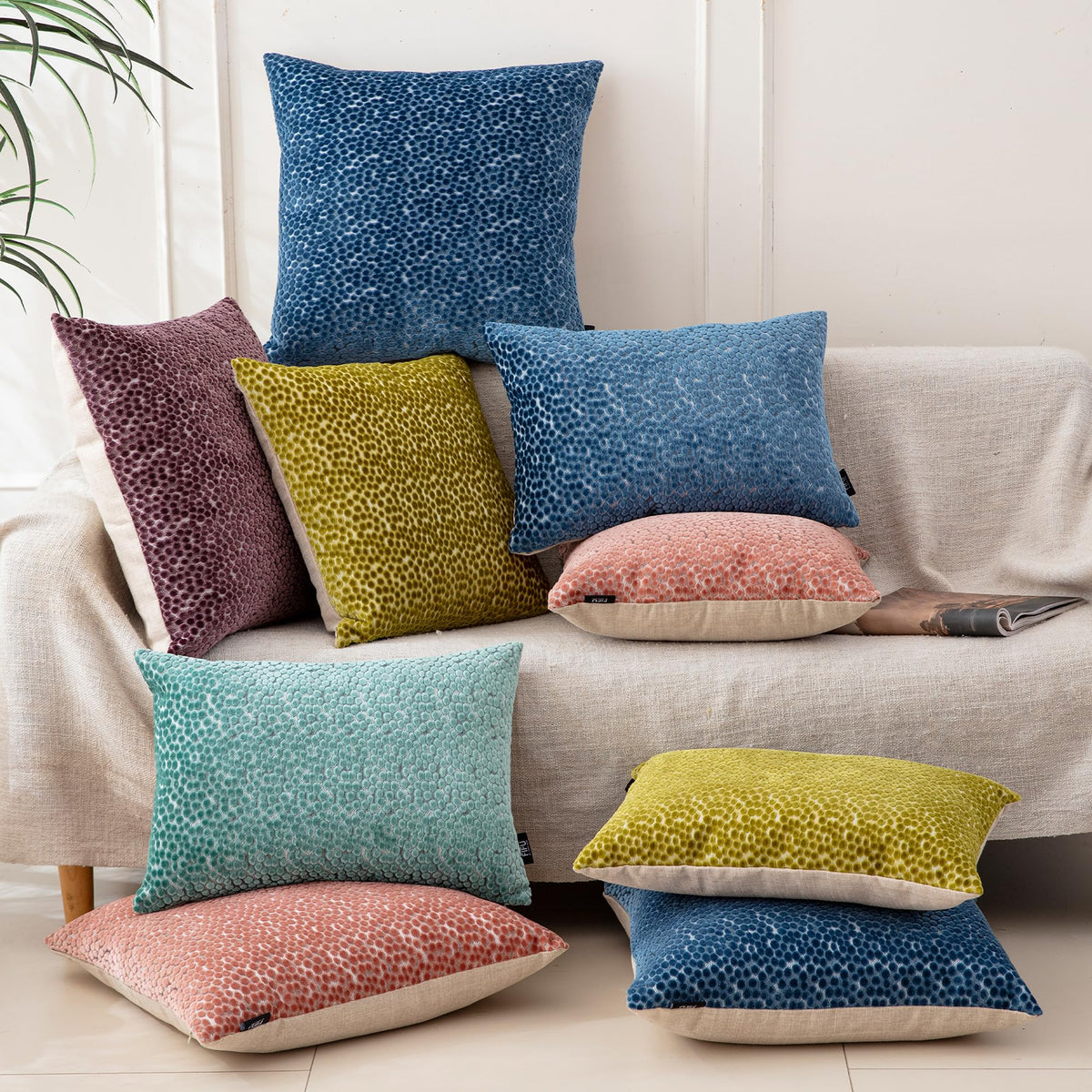 FIFU 18x18 Inch Throw Pillow Cover Set of 2 - Jacquard Velvet Cut-Pile with Linen-Look Back, Invisible Zipper, Soft Decorative Cushion Case for Couch Sofa Bedroom Living Room, Machine Washable, Olive