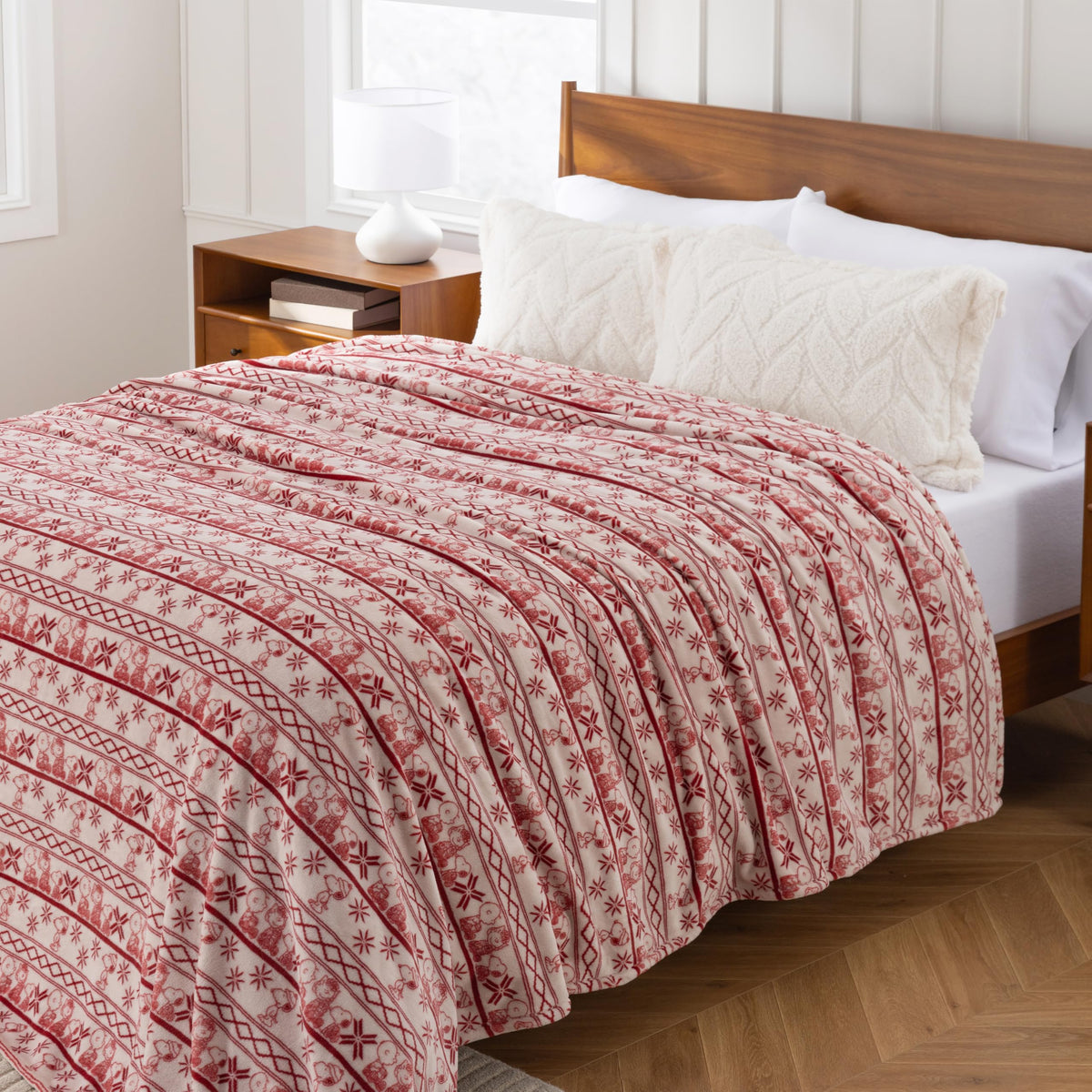Berkshire Peanuts® VelvetLoft® Cute Character Snoopy Plush Throw Blanket,Cozy Fairisle Crimson Neutral,Throw 55 in x 70 in (Official Peanuts® Product)