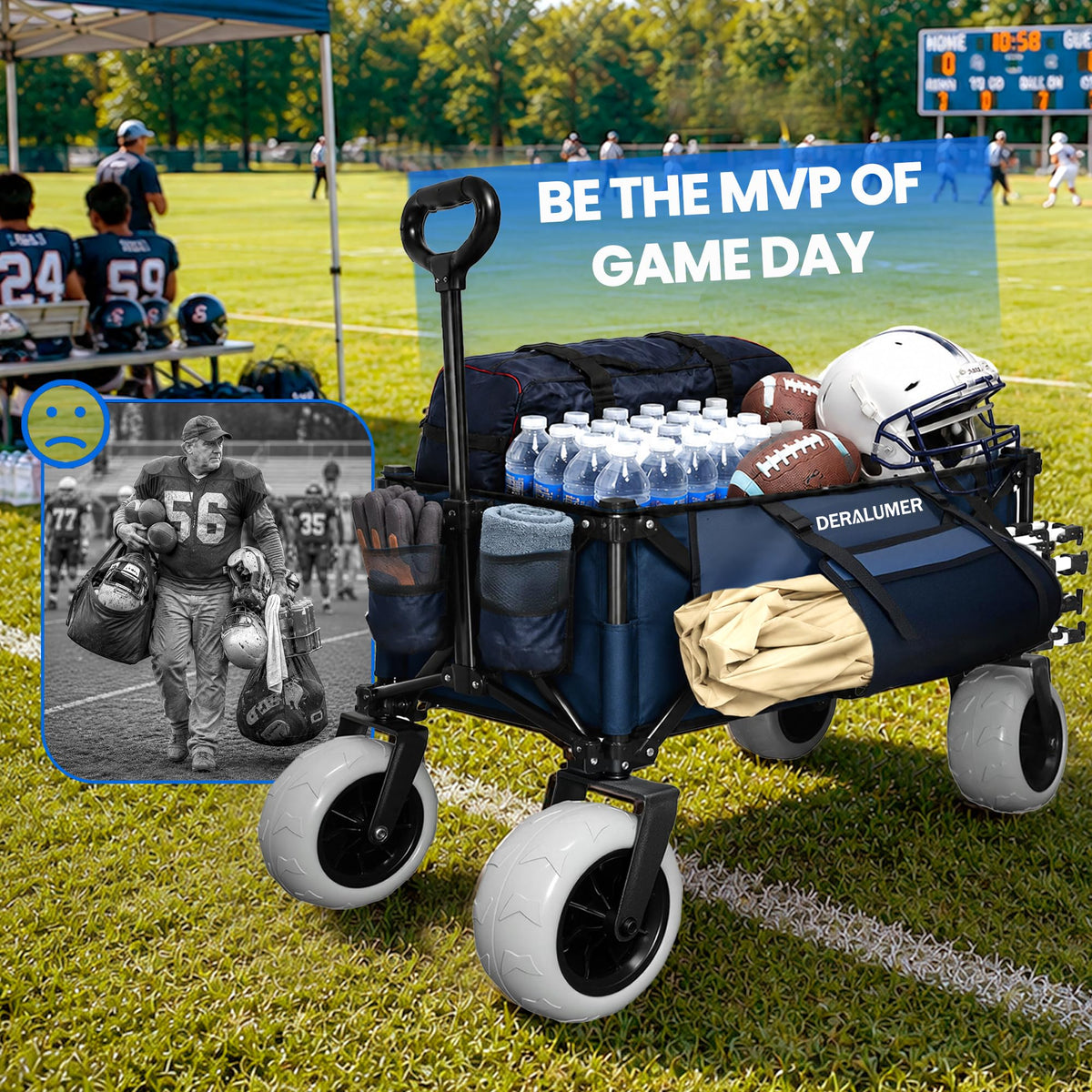 X800 Heavy Duty Beach Wagon with 9x4 Sand-Proof All-Terrain Wheels, 300L Oversized Foldable Wagon Cart with Side Bag, All-Terrain Utility Wagon for Beach Essentials, Sport, Camping(Navy Blue)