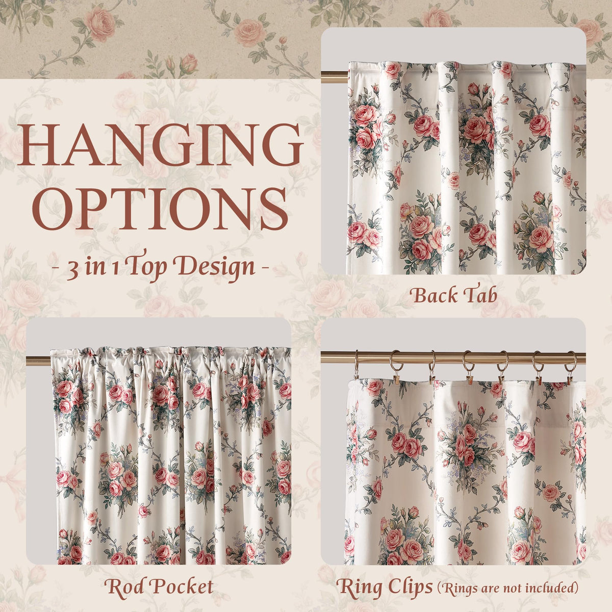 StangH French Country Rose Floral Velvet Curtains, Cream Shabby Chic Ribbon Bow Printed Window Drapes Romantic Privacy Panels for Girls Room Nursery, W52 x L84, 2 Panels