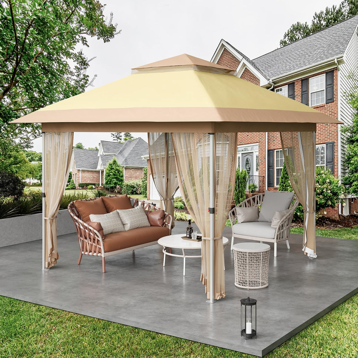10x10 Pop Up Gazebo Tent with Mosquito Netting & Water,Resistant Oxford Canopy with Roller Bag,Instant Setup Outdoor Shelter for Backyard, Patio, Parties, Weddings, Outdoor Dining,Beige+Khaki
