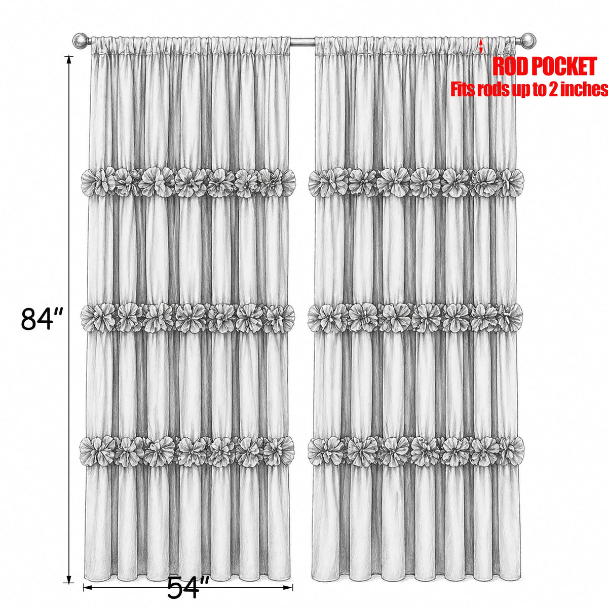 Homechoice Decor Thermal Insulated Blackout Window Curtains, 54" W x 84" L x 2 Panels, Boho Ruched Window Treatments with 3 Rows of Butterfly Flowers, Rustic Rod Pocket Drapes for Room, Gray (LQ-30)