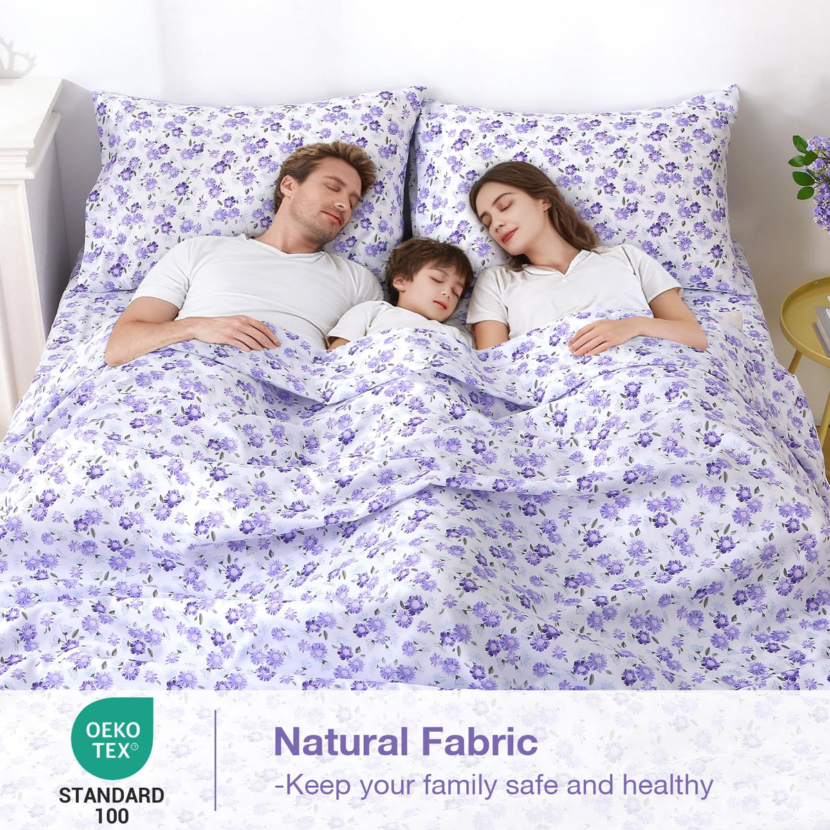 Softan Puple Floral Queen Sheet Set, 4-Piece Microfiber Printed Fitted Sheet with 15" Deep Pockets & Non-Slip Straps, White Flower Patterned Bedding Sheets & Pillowcase Set