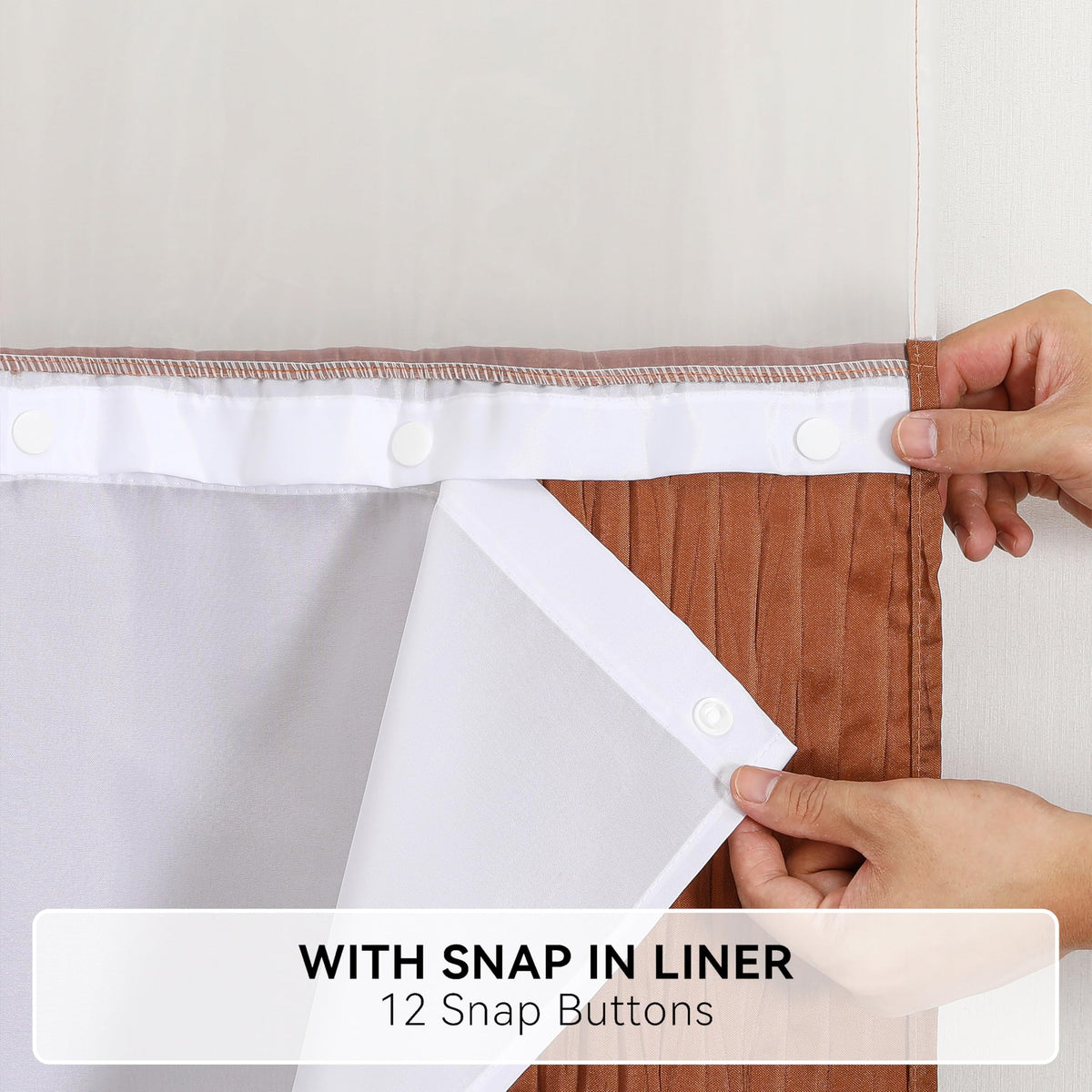 HONCO DIRECT Caramel Ruffle Shower Curtain with Crumpled Texture & Snap -in Liner - No Hooks Required Bathroom Luxury Decor, 72"x72" Waterproof Fabric with Privacy Top Window