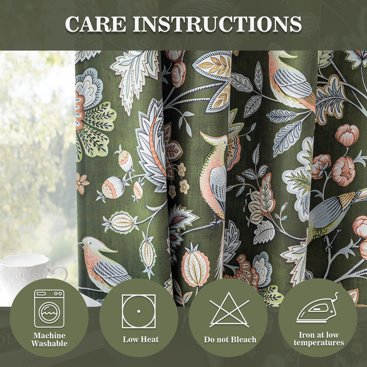 MYSKY HOME Green Boho Floral Blackout Living Room Curtains 84 inch Long Thermal Insulated Room Darkening Noise Reduce Cottage Curtains with Flower Bird Patterned Grommet Drapes, 2 Pcs, 52" Wide,