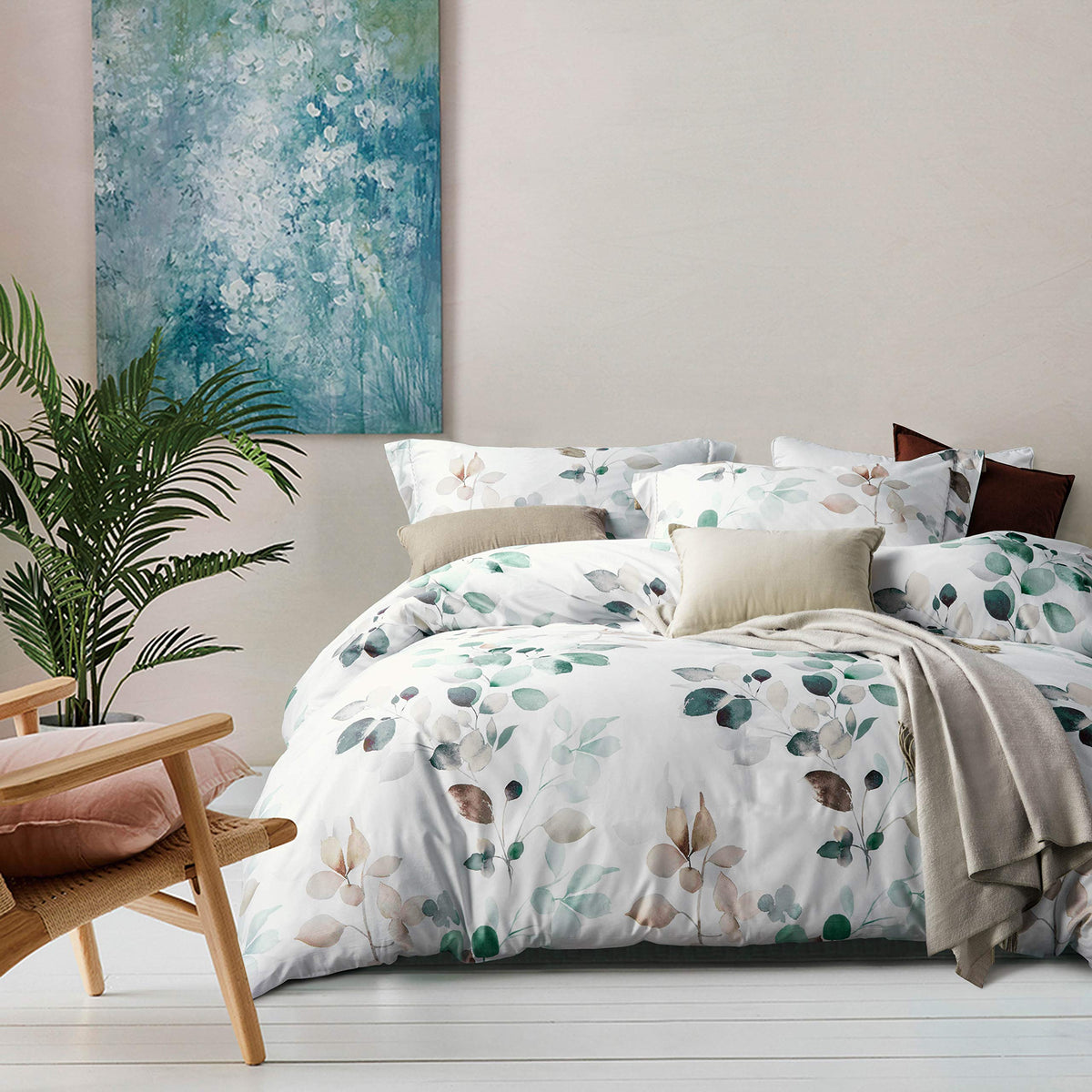 MILDLY Floral Duvet Cover Set - 100% Long-Staple Cotton Gradient Teal Leaves Pattern Comforter Cover 3pcs Soft Breathable Luxury Bedding for All Season