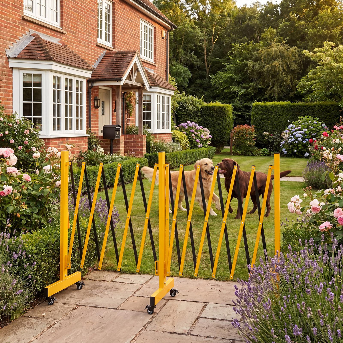 16FT Metal Expandable Mobile Barricade,Industrial Folding Security Gate Driveway Gate, Retractable Retractable Gate Outdoor,Folding Safety Barricade with Casters