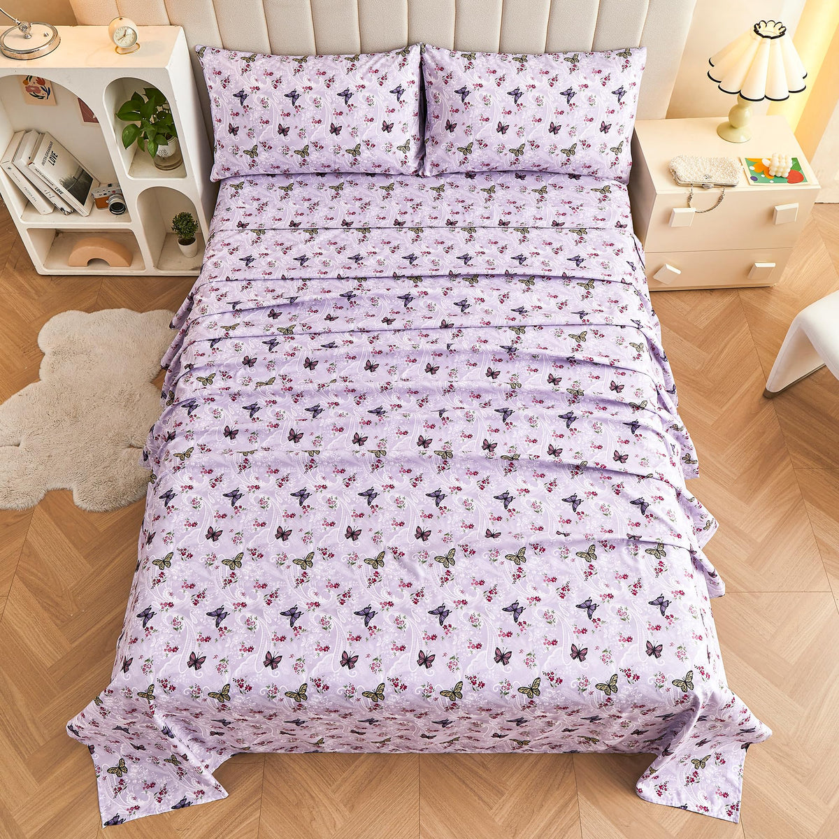 Softan Floral Twin Size Sheet Set, Purple Paisley Flower Printed Sheets for Kids Girls, Brushed Microfiber Fitted Sheet with 15" Deep Pocket & Non-Slip Straps, Butterfly Patterned Sheets