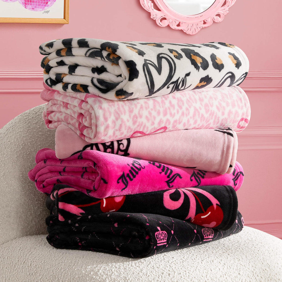 Juicy Couture Logo Crown 50" x 70" Plush Throw Blanket, Hot Pink - Decorative Blankets for Sofas, Throws for Chairs, and Beds