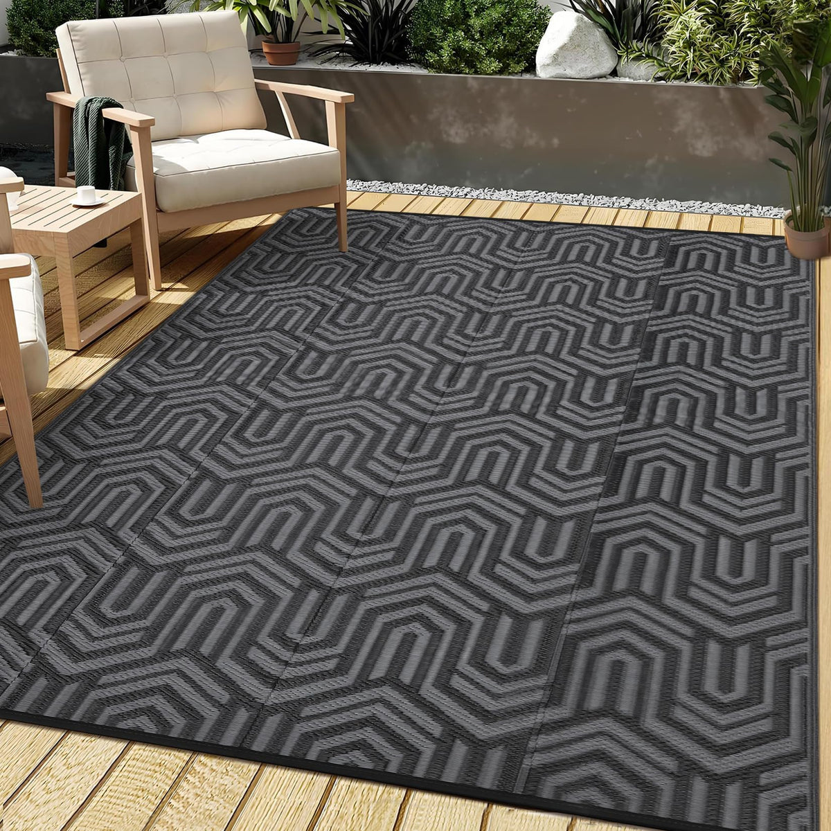 GAOMON 10'x14' Outdoor Rug Waterproof, Reversible Plastic Straw Rug for Poolside, Gazebo, Outdoor Dining Area, Backyard Party â UV Resistant, Heavy Duty, Easy Clean for High Traffic Areas, Black&Grey