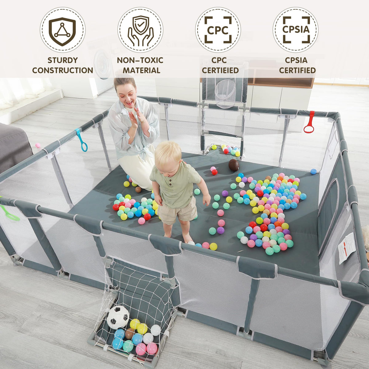XNWQL Baby Playpen, 79"x71" Indoor & Outdoor Playpen with Breathable Play Pen with Ocean Balls Hanging Pocket Basketball Hoop and Football Goal
