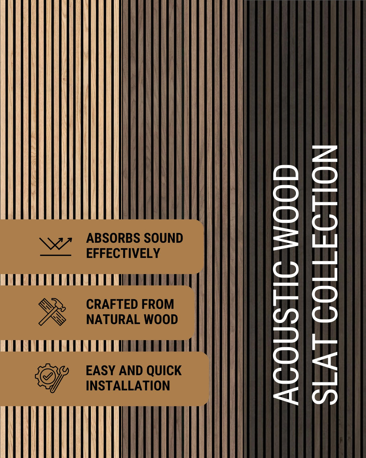 MSI 4-Pack Acoustic Wood Slat Wall Panels for Interior Decor, 3D Fluted Sound Absorbing Wood Paneling for Accent Wall Ceiling Kitchen Living Room Bedroom, Eco-Friendly MDF - 9.5 in. x 94.5 in. - Tawny
